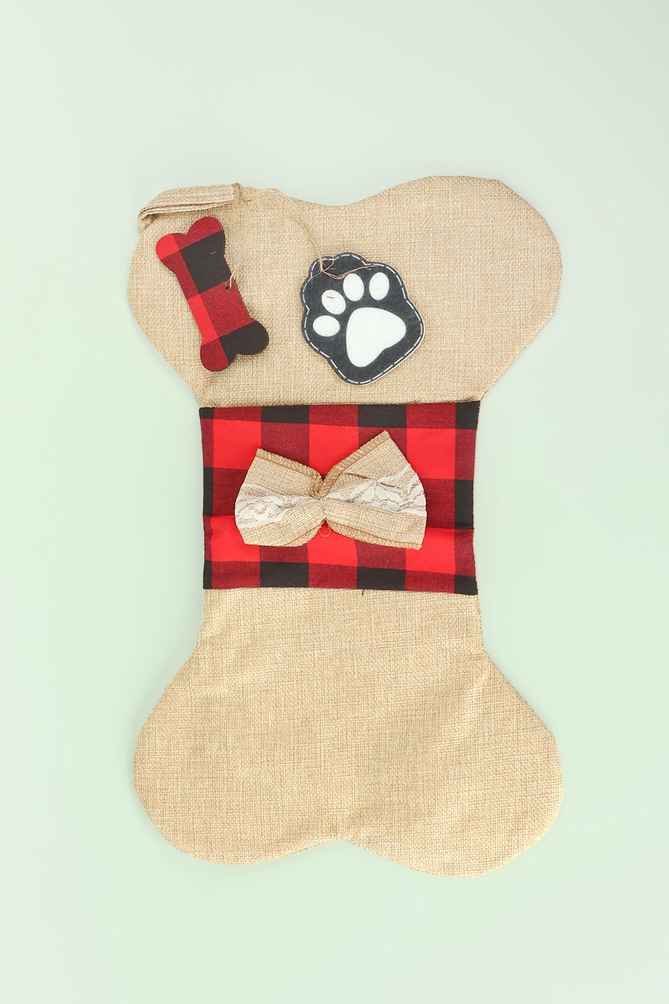 Pawfect Surprise Treat Stocking Eco-Friendly Natural Cream Jute & Red Check Playful Bone Gift Bag for Dogs - G Decor