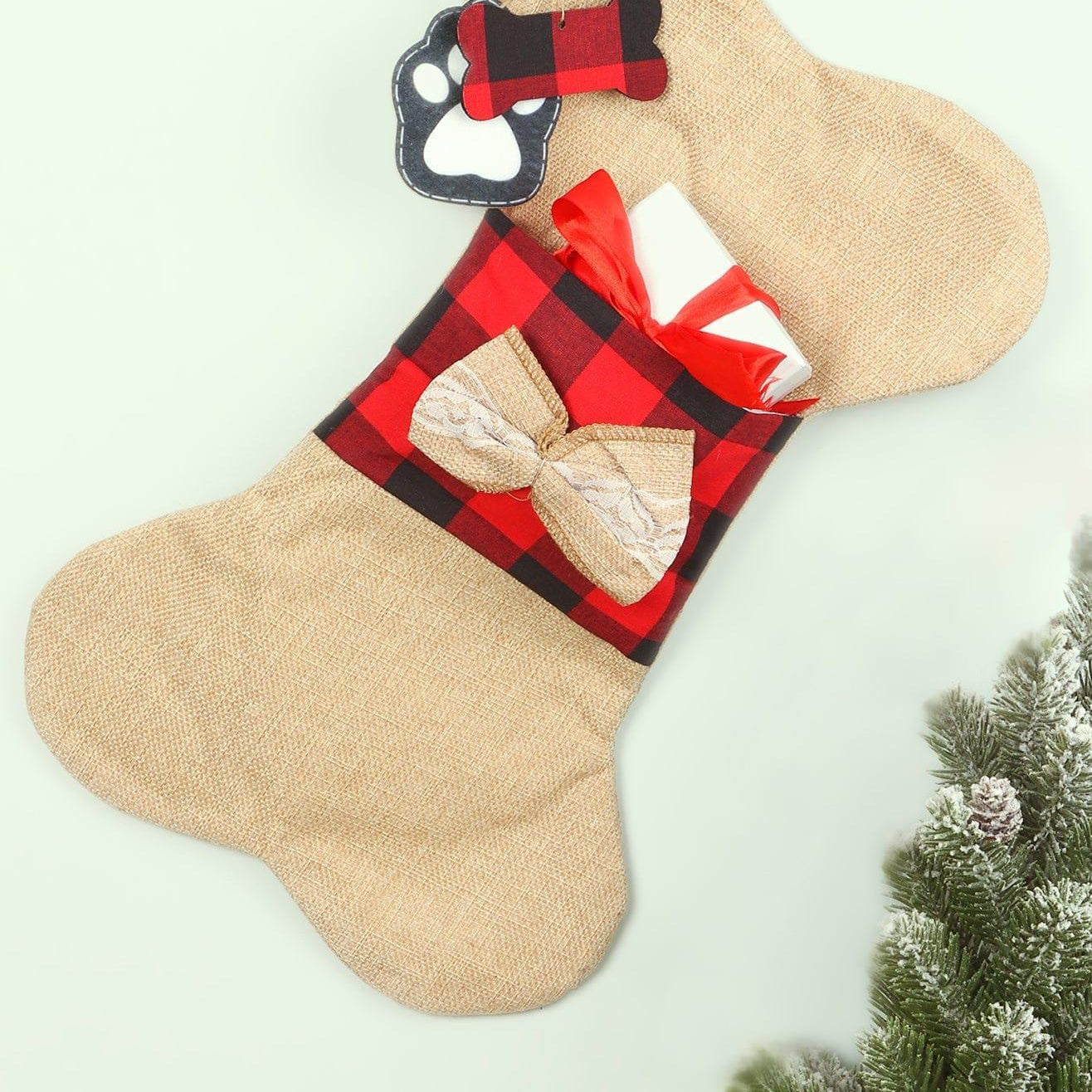Pawfect Surprise Treat Stocking Eco-Friendly Natural Cream Jute & Red Check Playful Bone Gift Bag for Dogs - G Decor