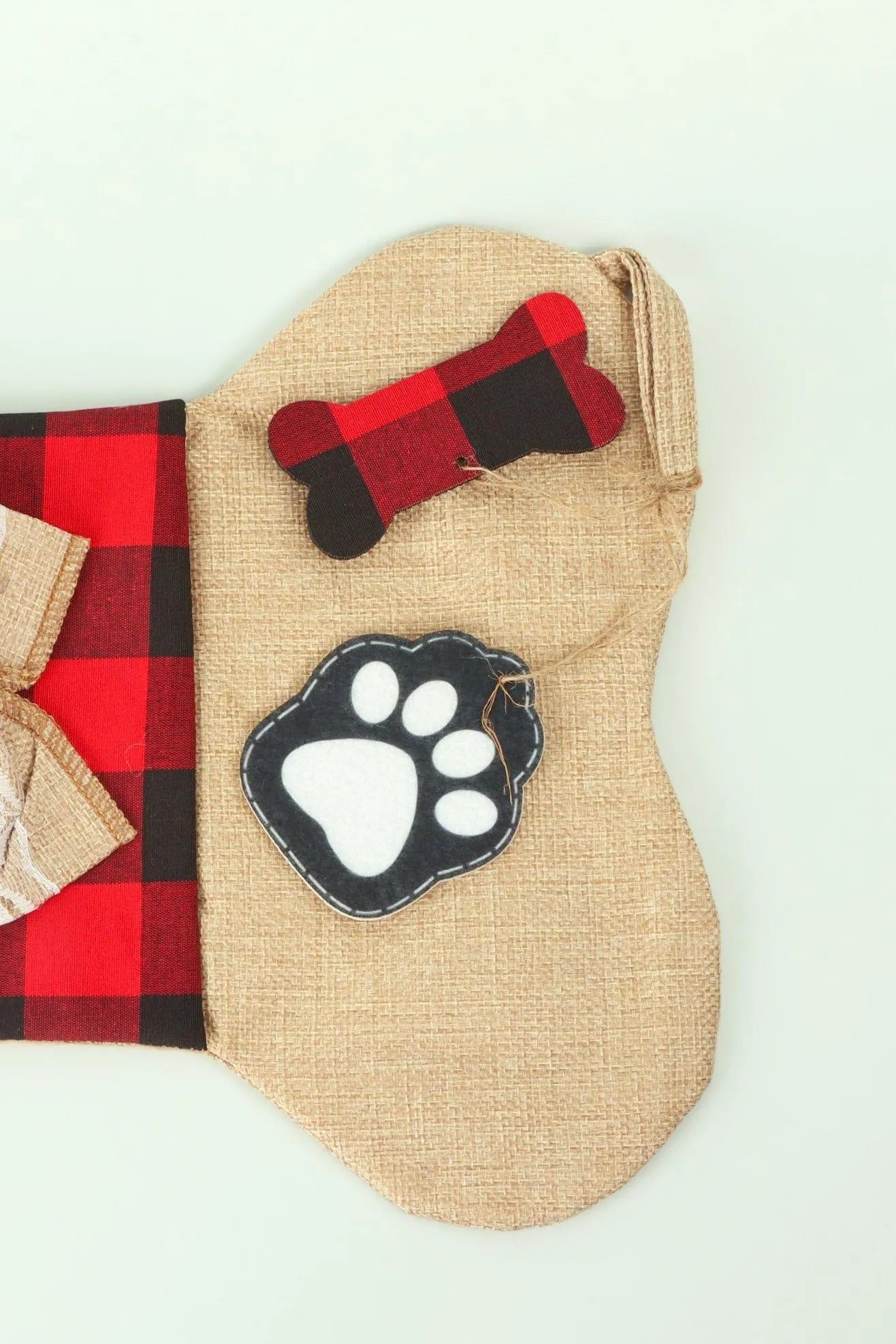 Pawfect Surprise Cream Jute and Red Check Dog Bone Treat Stocking — close-up view, G Decor
