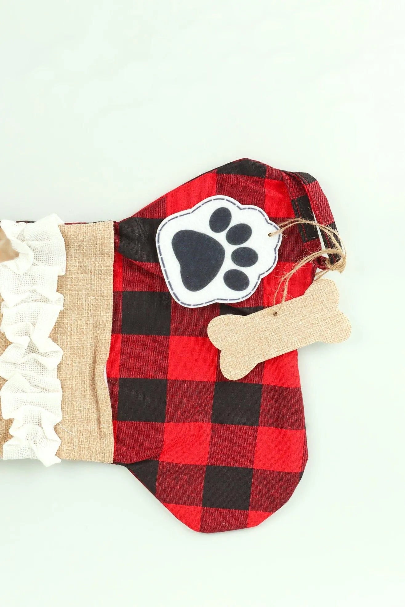 Pawfect Surprise Red Check Cotton Dog Bone Treat Stocking — close-up view, G Decor