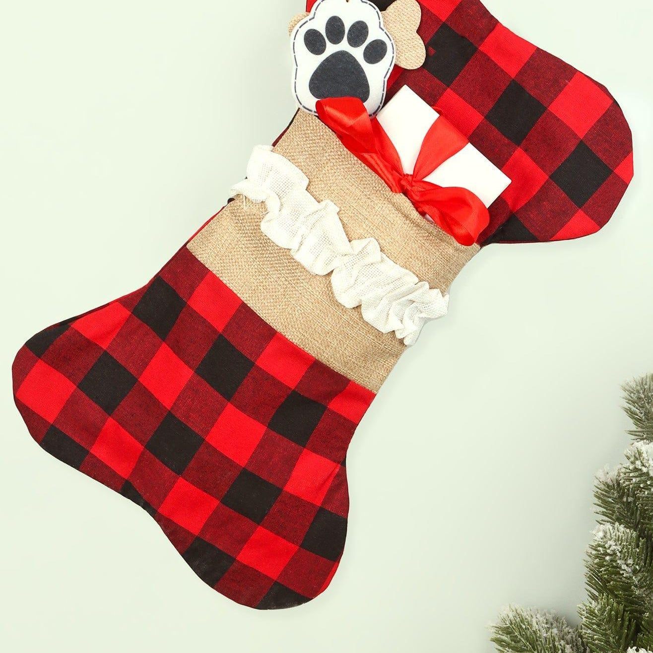 Pawfect Surprise Treat Stocking Eco-Friendly Red Check Cotton Bone Gift Bag for Dogs - G Decor