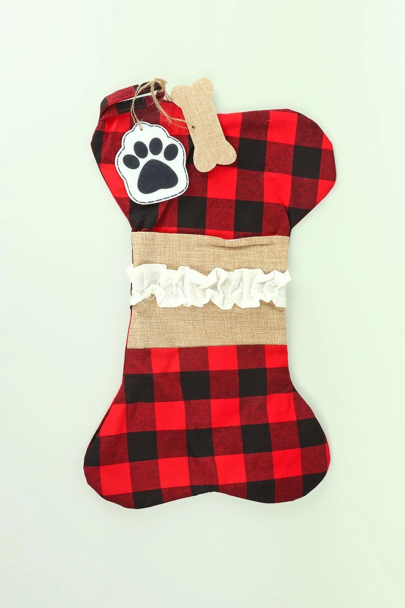 Pawfect Surprise Red Check Cotton Dog Bone Treat Stocking — alternate view, G Decor
