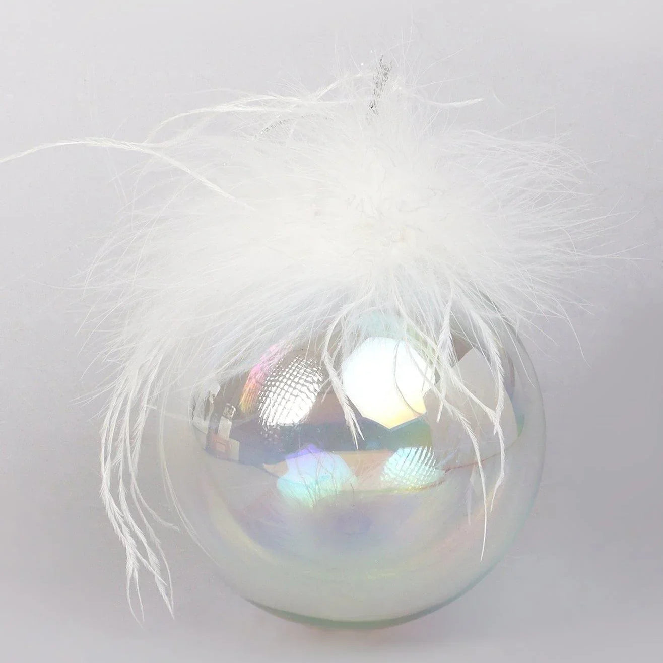 Pearlescent Glass Christmas Tree Ornaments with White Feather Detail Elegant Hanging Baubles - G Decor