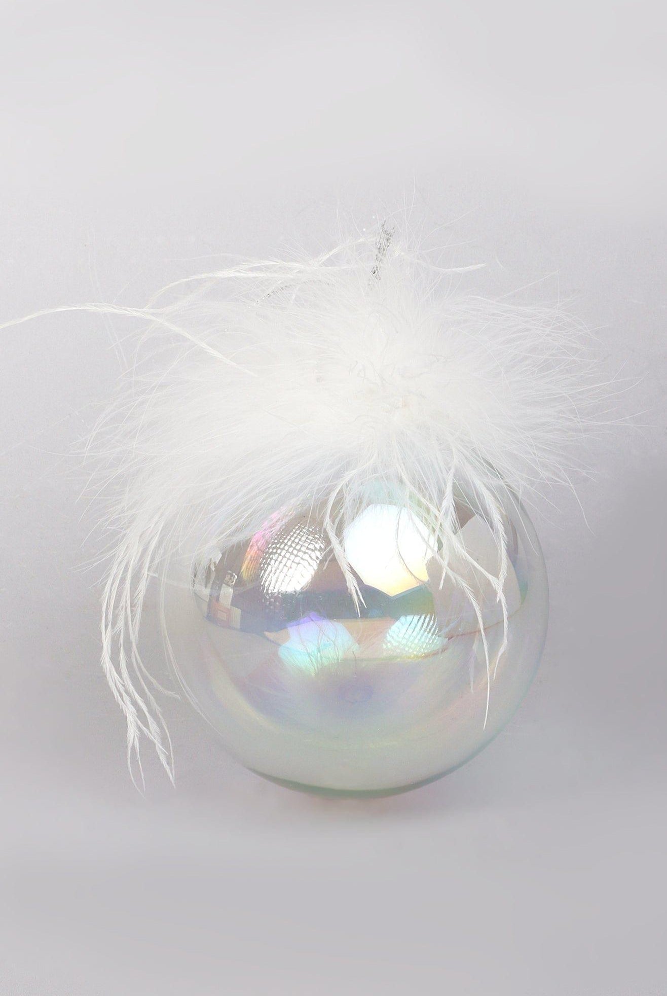 Pearlescent Glass Christmas Tree Ornaments with White Feather Detail Elegant Hanging Baubles - G Decor