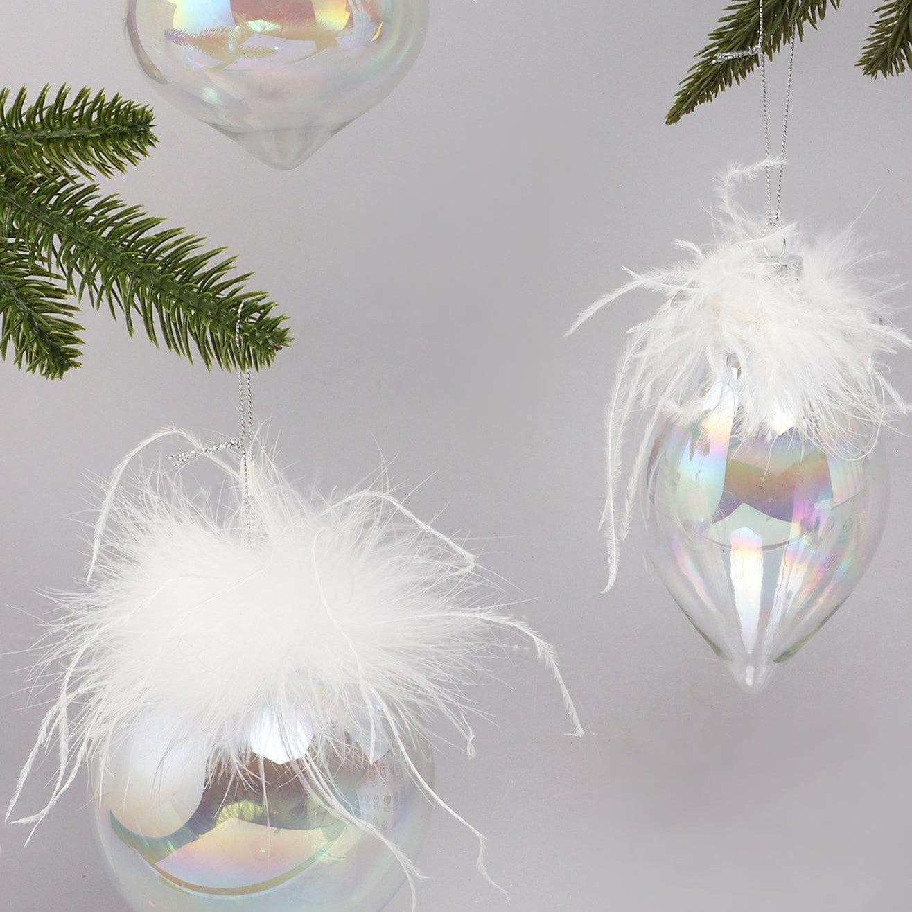 Pearlescent Glass Christmas Tree Ornaments with White Feather Detail Elegant Hanging Baubles - G Decor