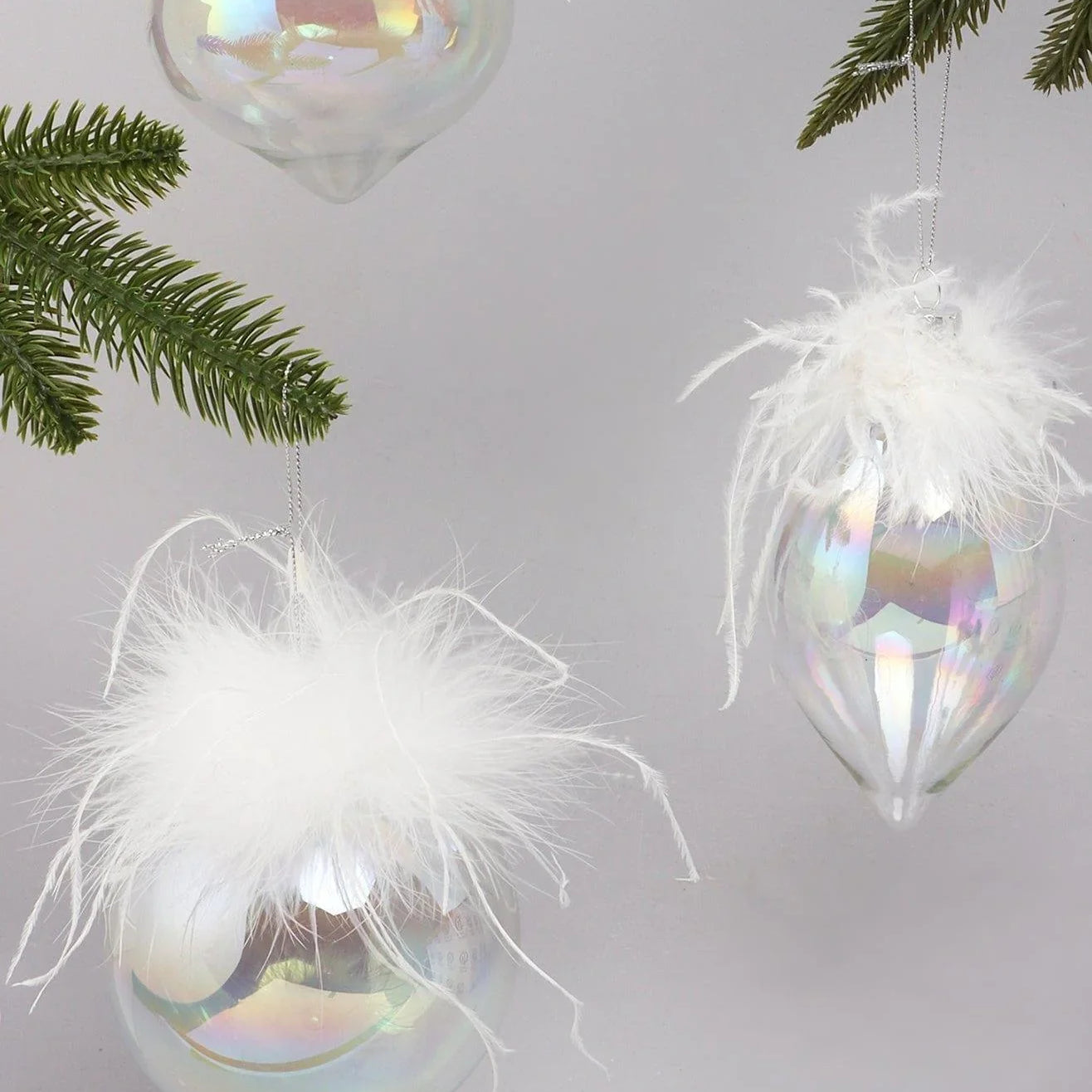 Pearlescent Glass Christmas Tree Ornaments with White Feather Detail Elegant Hanging Baubles - G Decor