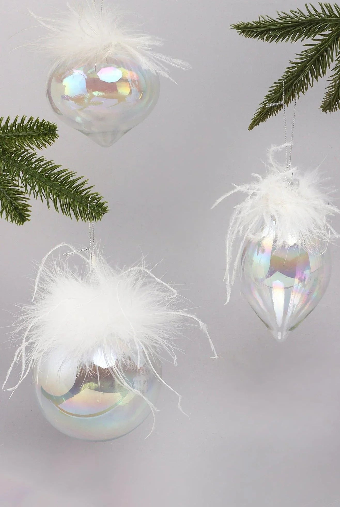 Pearlescent Glass Christmas Tree Ornaments with White Feather Detail Elegant Hanging Baubles - G Decor