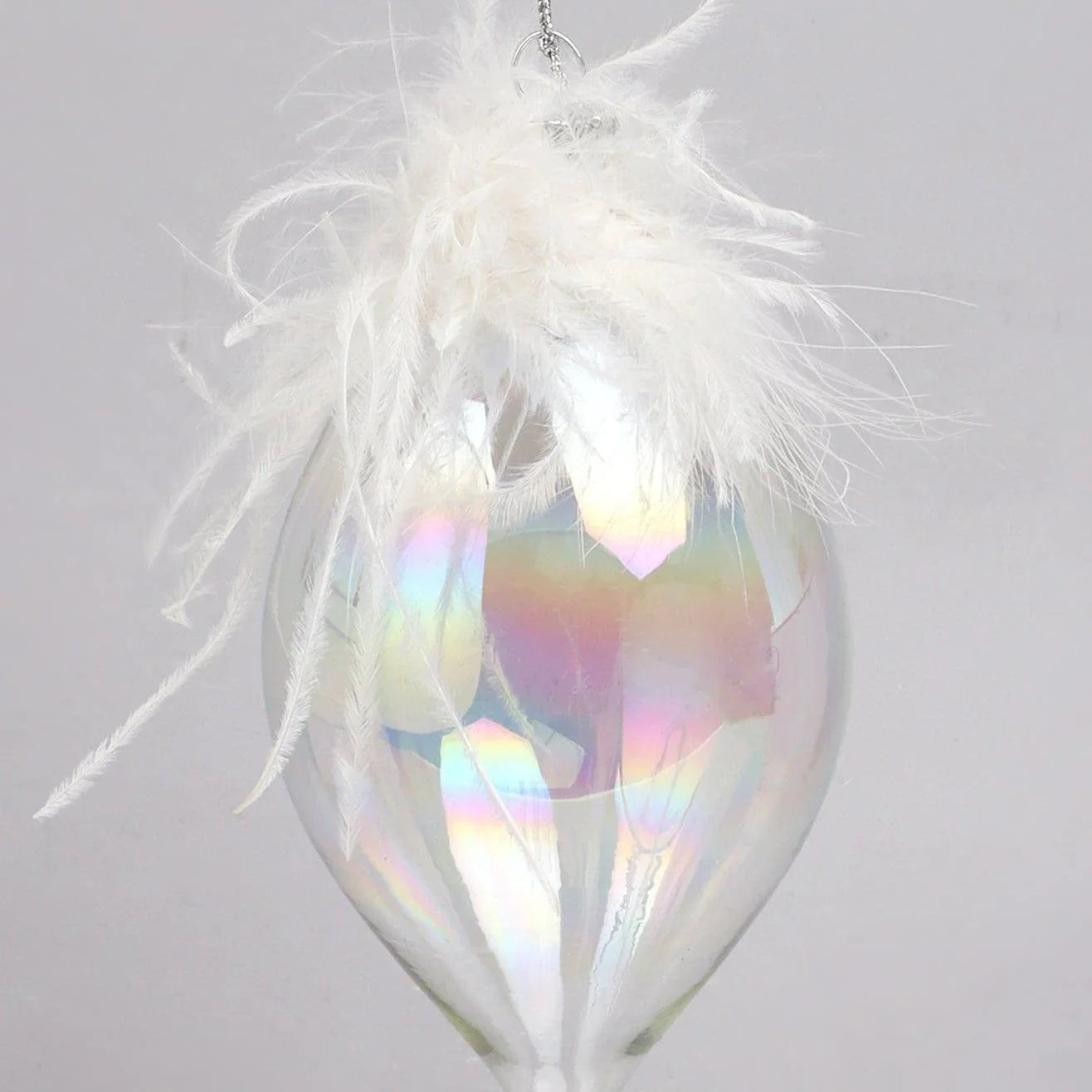Pearlescent Glass Christmas Tree Ornaments with White Feather Detail Elegant Hanging Baubles - G Decor
