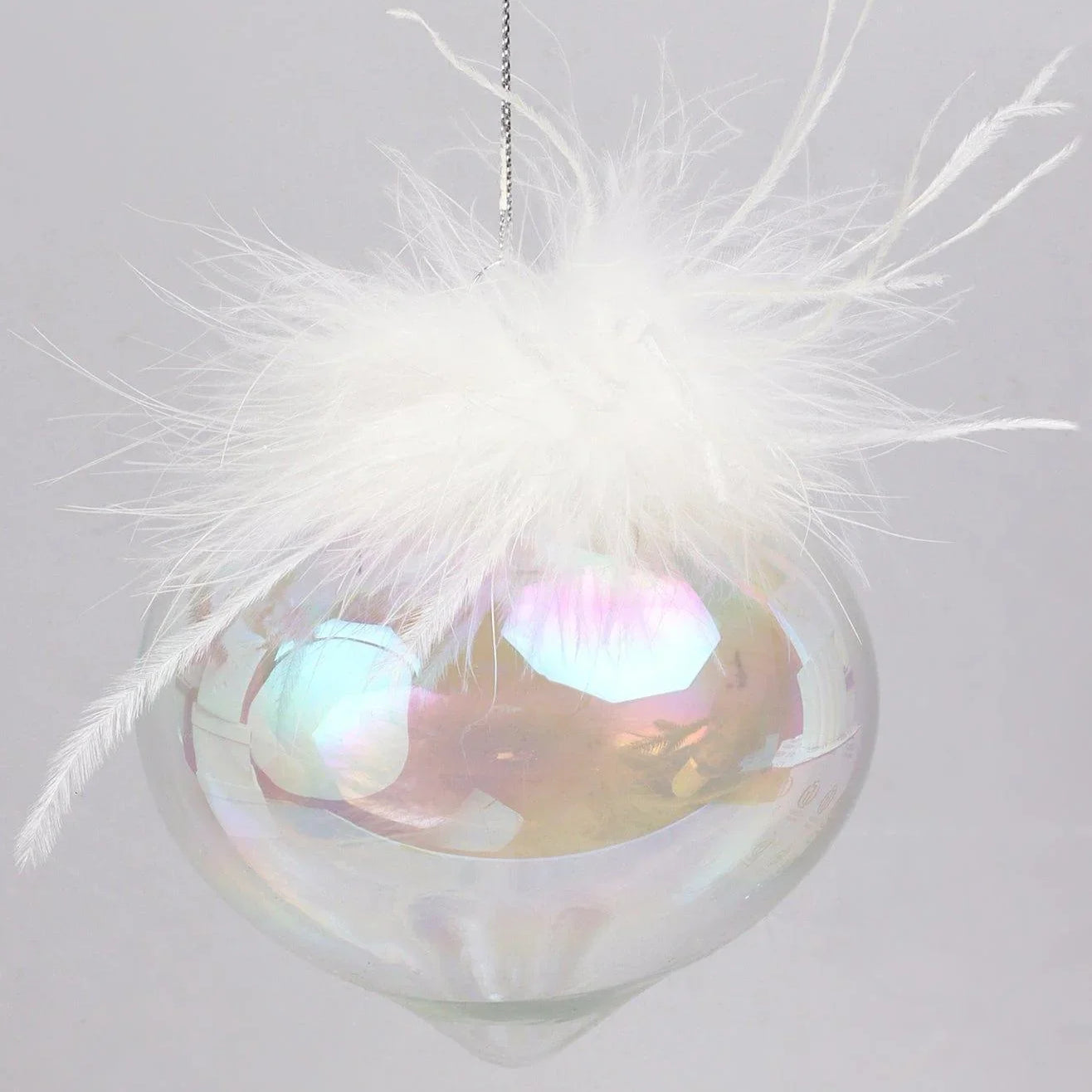 Pearlescent Glass Christmas Tree Ornaments with White Feather Detail Elegant Hanging Baubles - G Decor
