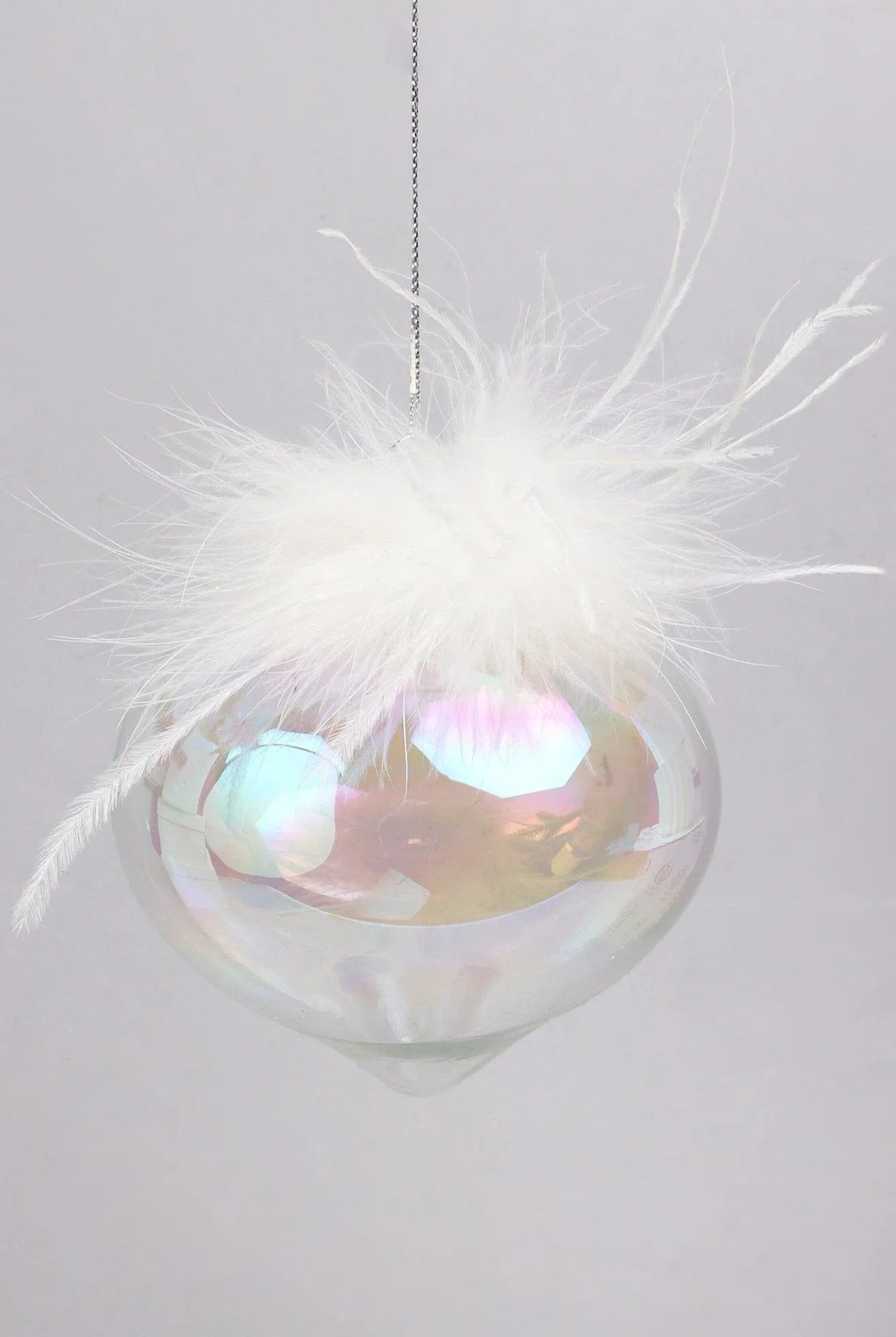 Pearlescent Glass Christmas Tree Ornaments with White Feather Detail Elegant Hanging Baubles - G Decor