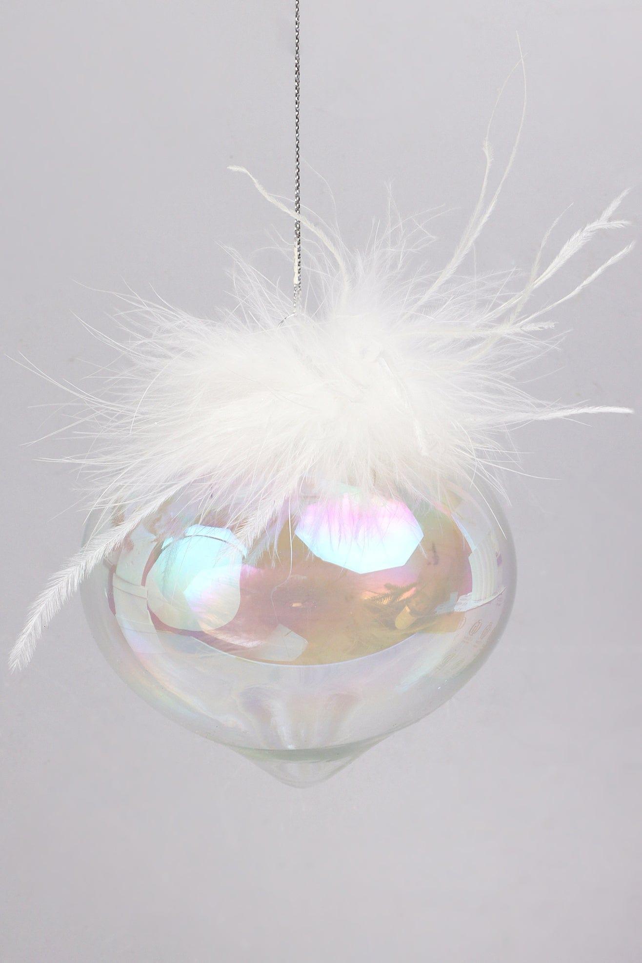 Pearlescent Glass Christmas Tree Ornaments with White Feather Detail Elegant Hanging Baubles - G Decor
