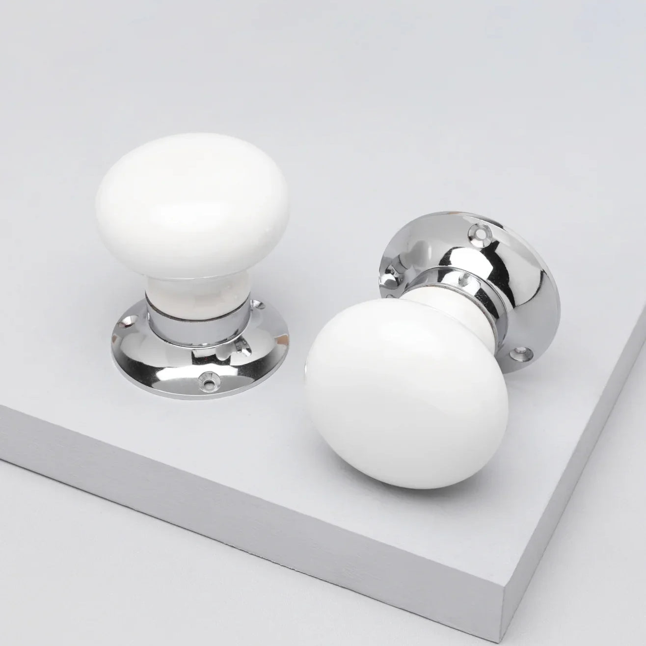 Perfect Edit White – Set of Handcrafted Ceramic Mortice Door Handles, Internal Turning Knobs for Bedroom & Room Doors with Chrome Base - G Decor