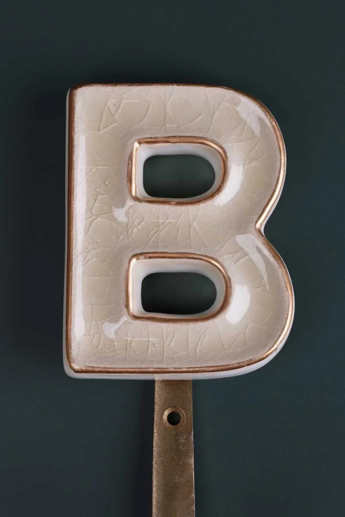 Personalised Cream Crackle Monogram Coat Hook in Antique Brass Finish — lifestyle view, G Decor
