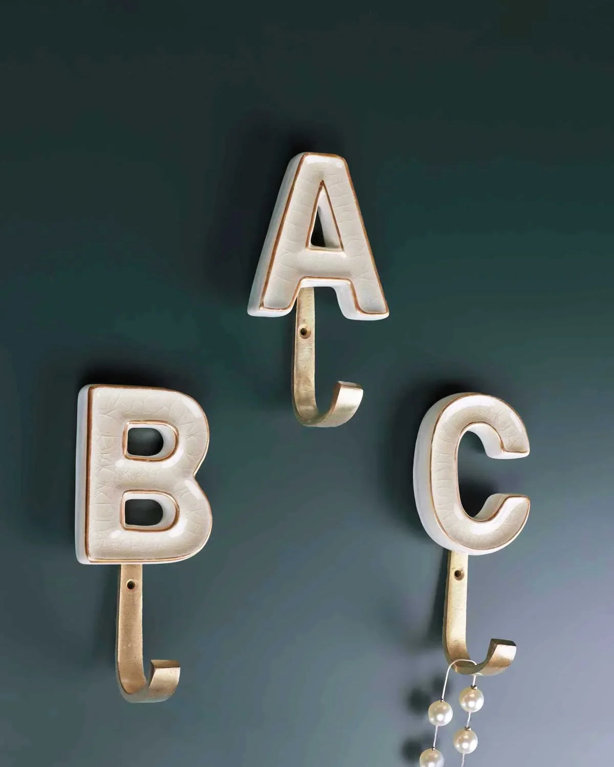 Personalised Handcrafted Monogram Alphabet Cream Crackle Glazed Hooks Hand-Painted Ceramic & Antique Finish Brass Letter Wall Coat Hooks - G Decor