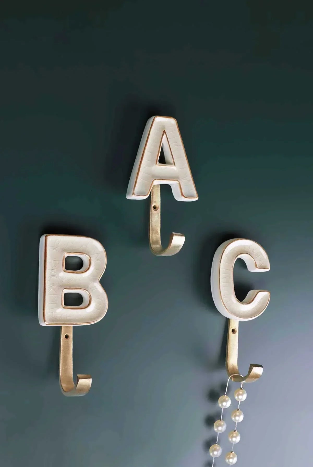 Personalised Handcrafted Monogram Alphabet Cream Crackle Glazed Hooks Hand-Painted Ceramic & Antique Finish Brass Letter Wall Coat Hooks - G Decor