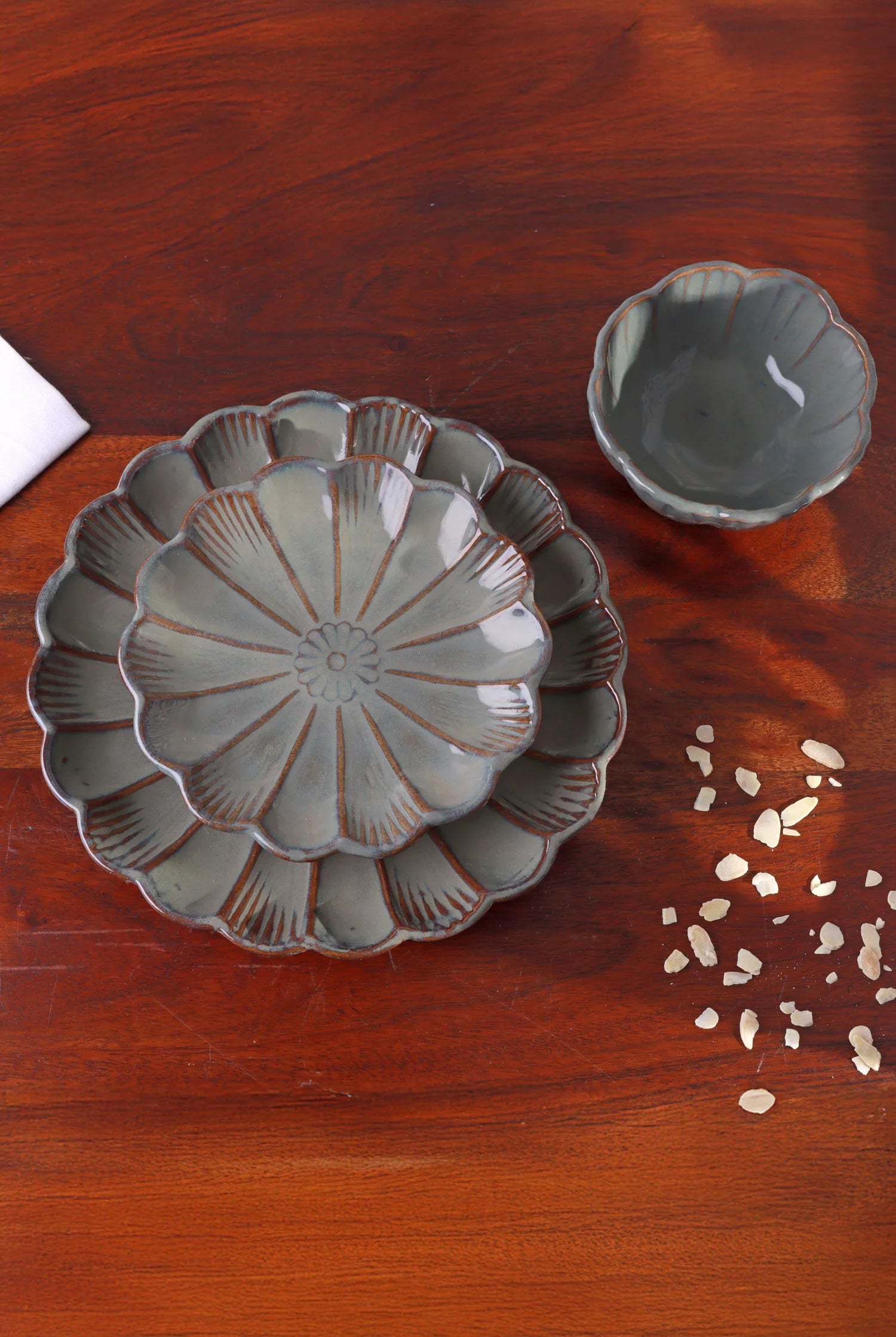 Petal Bloom Handcrafted Stoneware Tableware Collection Floral Carved Plates & Bowls - G Decor