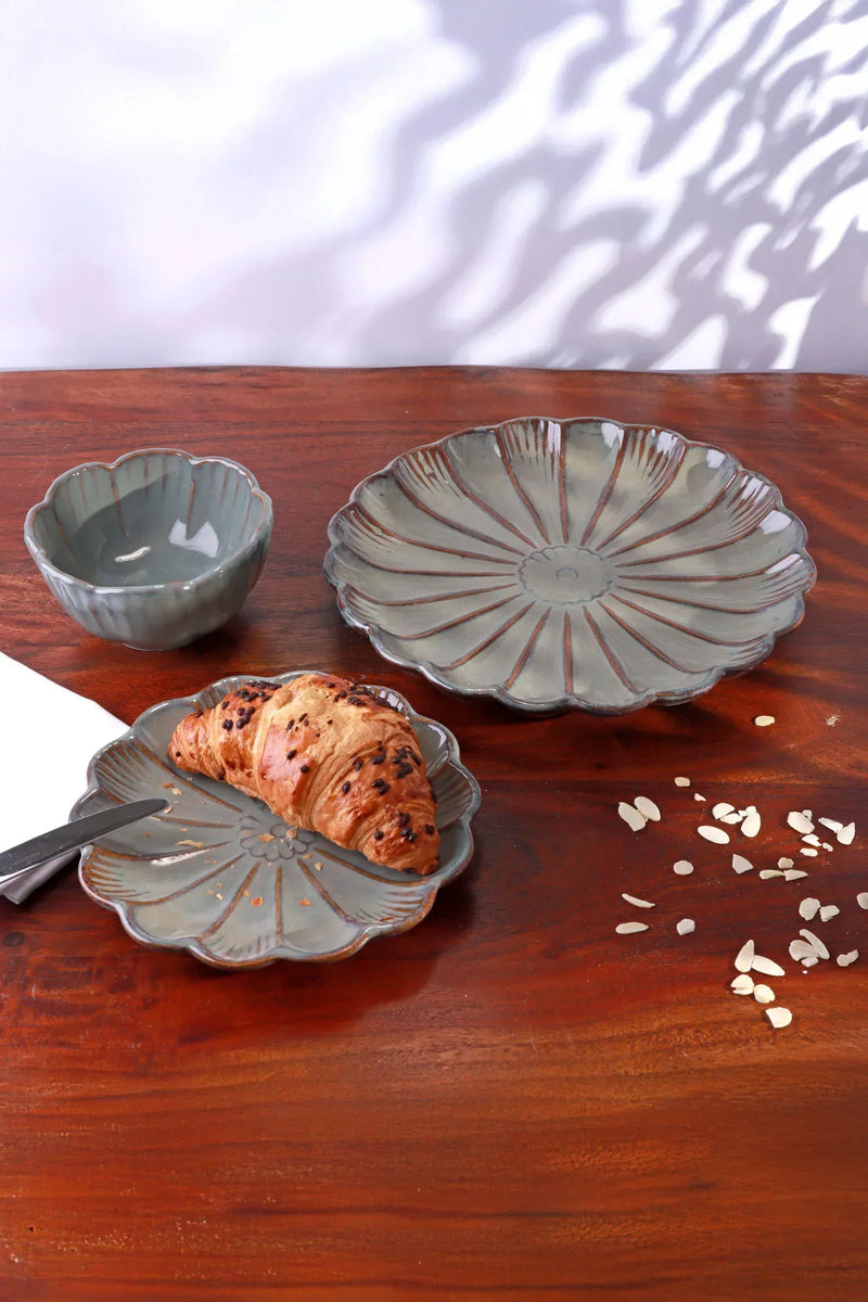Petal Bloom Floral Carved Stoneware Plates and Bowls