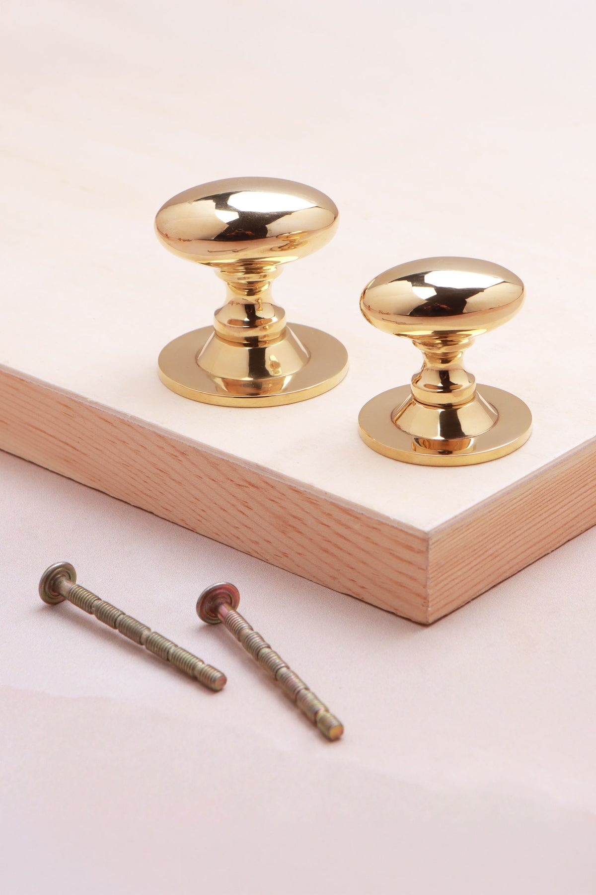 Oval cabinet knob on rose in polished brass