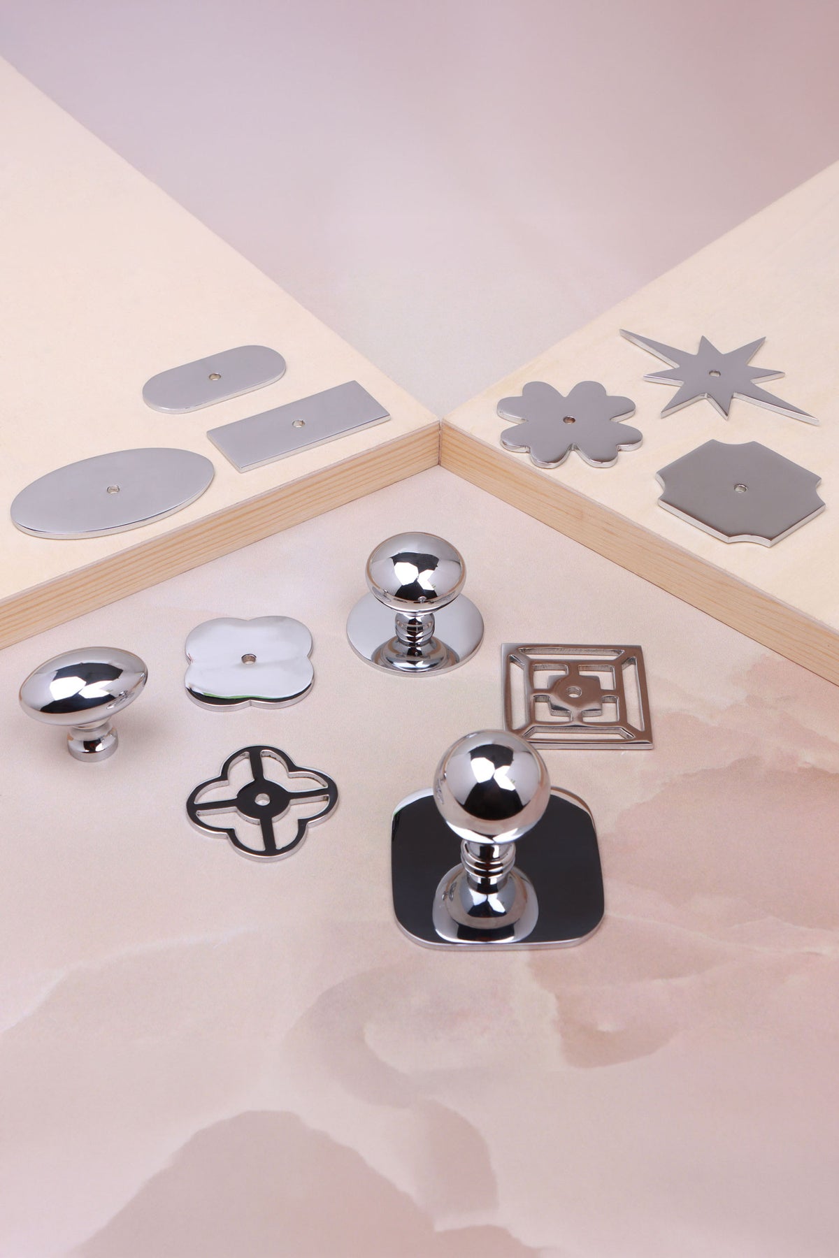 Cabinet knobs and backplates in polished chrome, third view