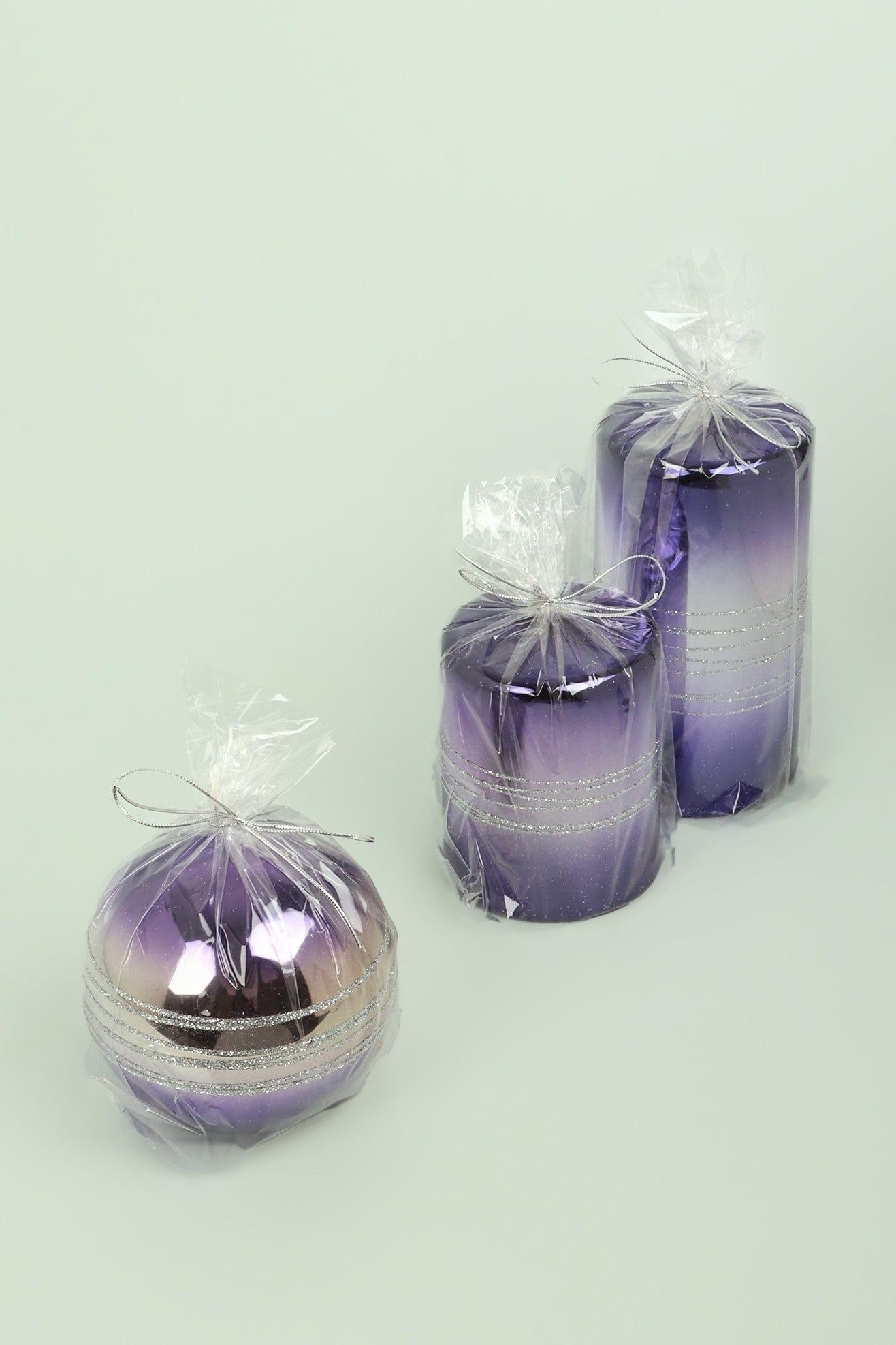 G Decor Candles & Candle Holders Purple / Set of 3 Purple Two Tone Glitter Glass Effect Reflecting Gloss Pillar Candles