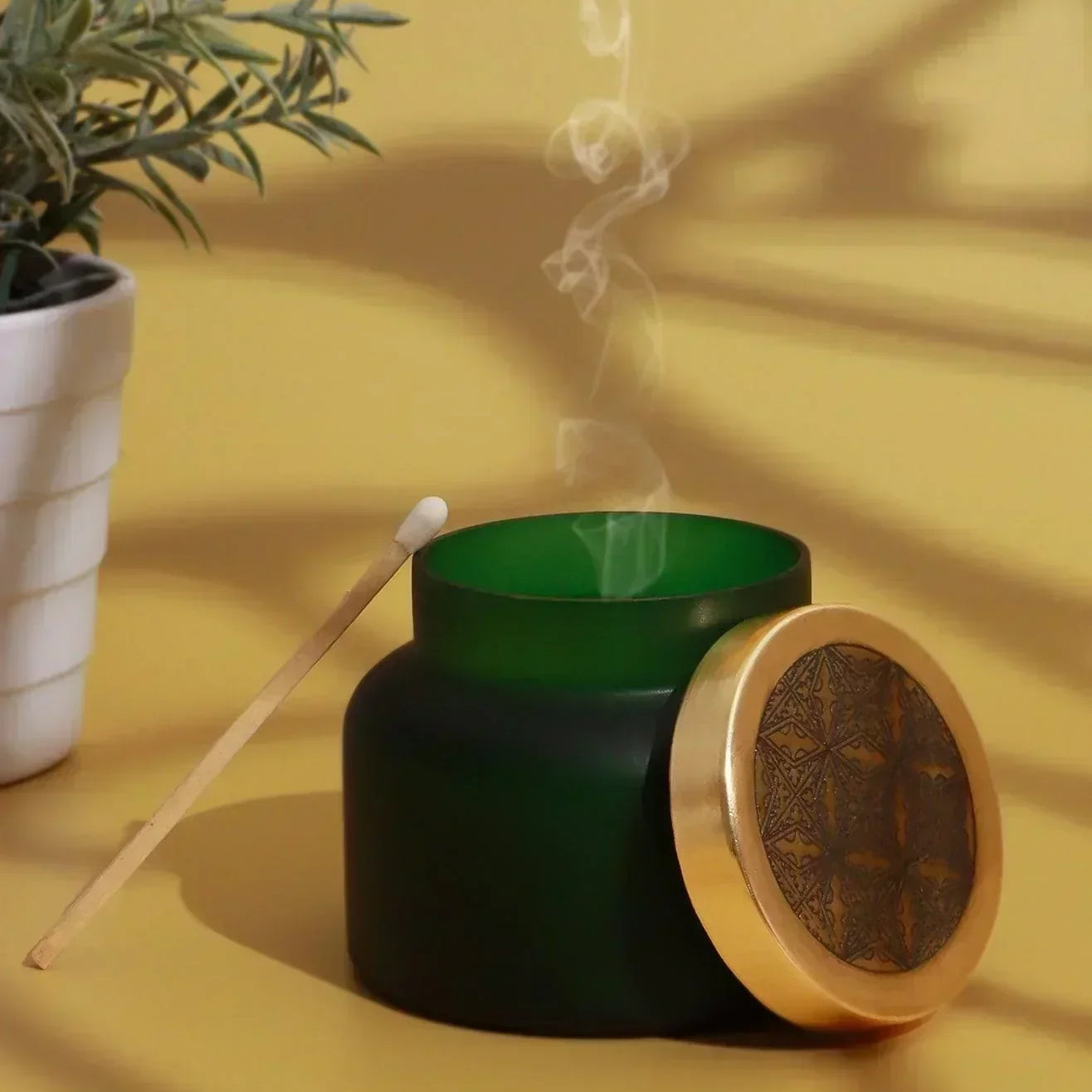 Rasa Aranya Patchouli & Sweet Citrus Scented Candle in Frosted Green Glass - G Decor