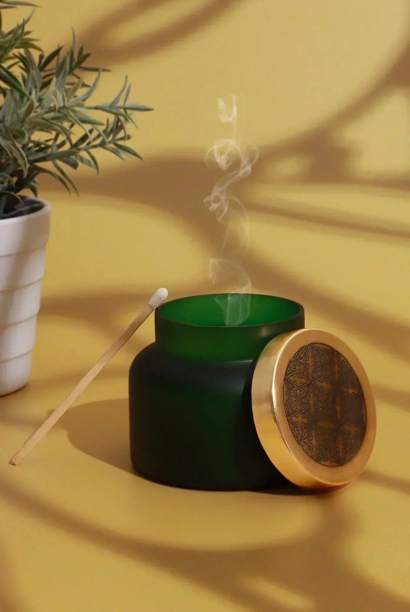 Rasa Aranya Patchouli & Sweet Citrus Scented Candle in Frosted Green Glass - G Decor