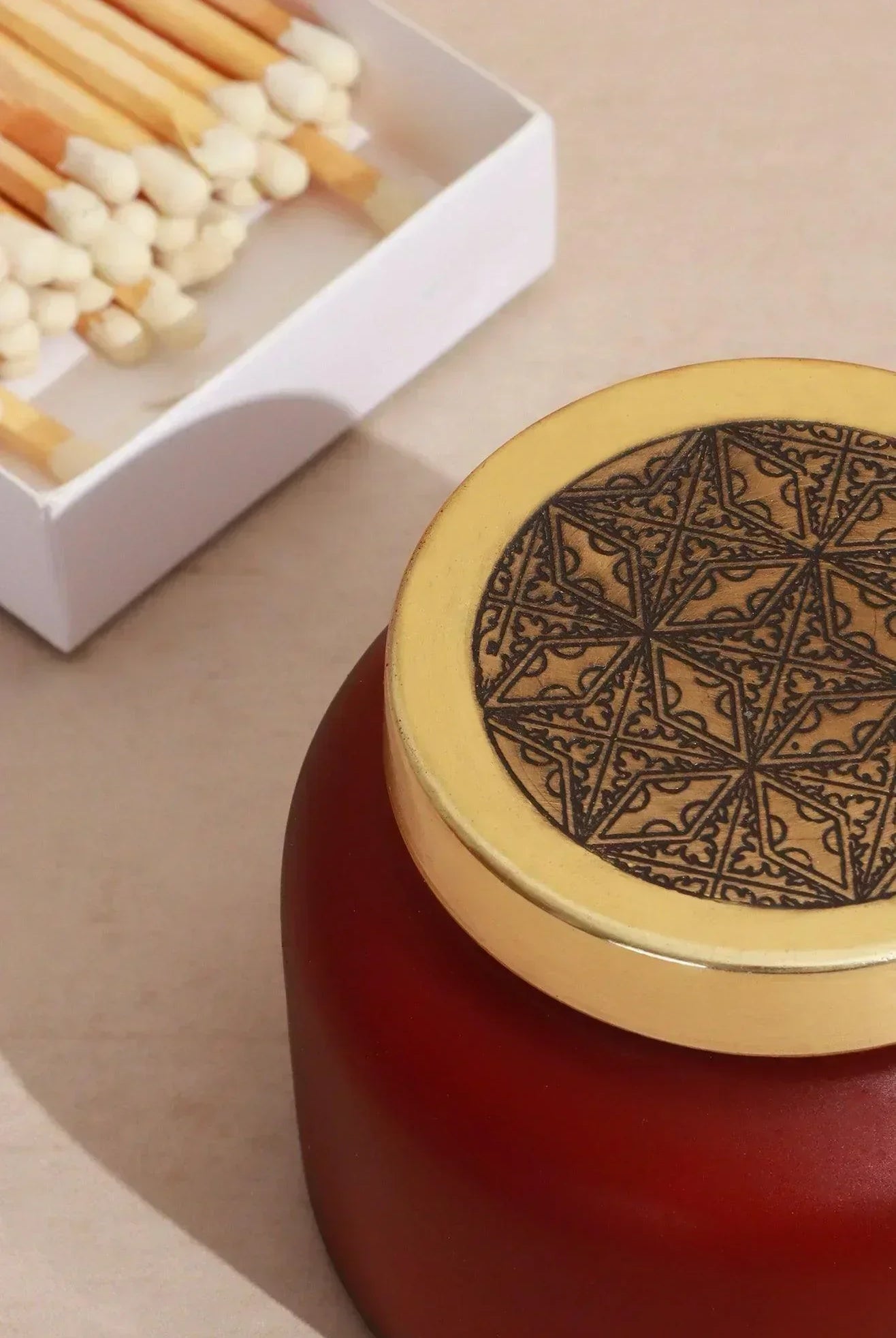 Rasa Ember Sandalwood Scented Candle in Frosted Red Glass - G Decor