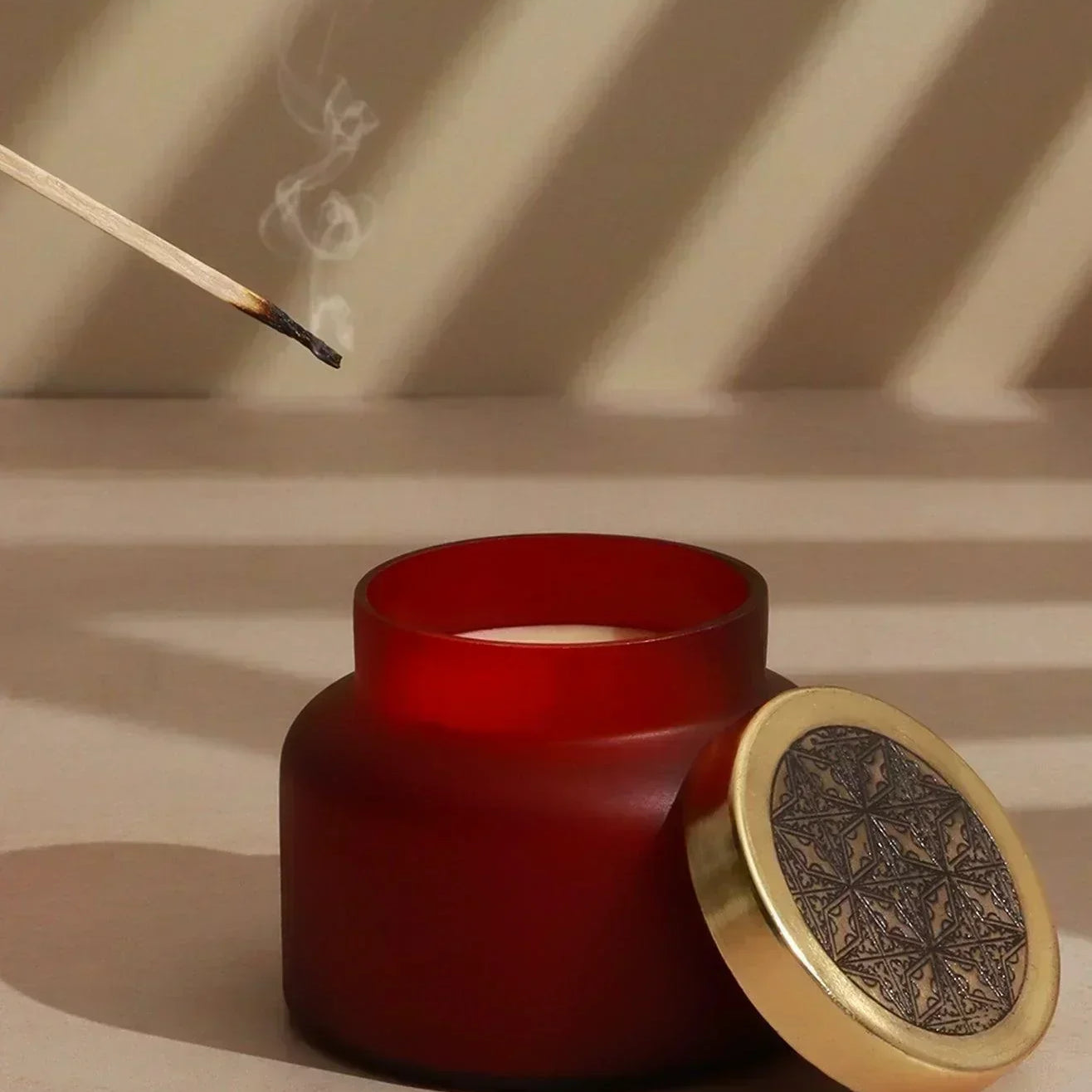 Rasa Ember Sandalwood Scented Candle in Frosted Red Glass - G Decor