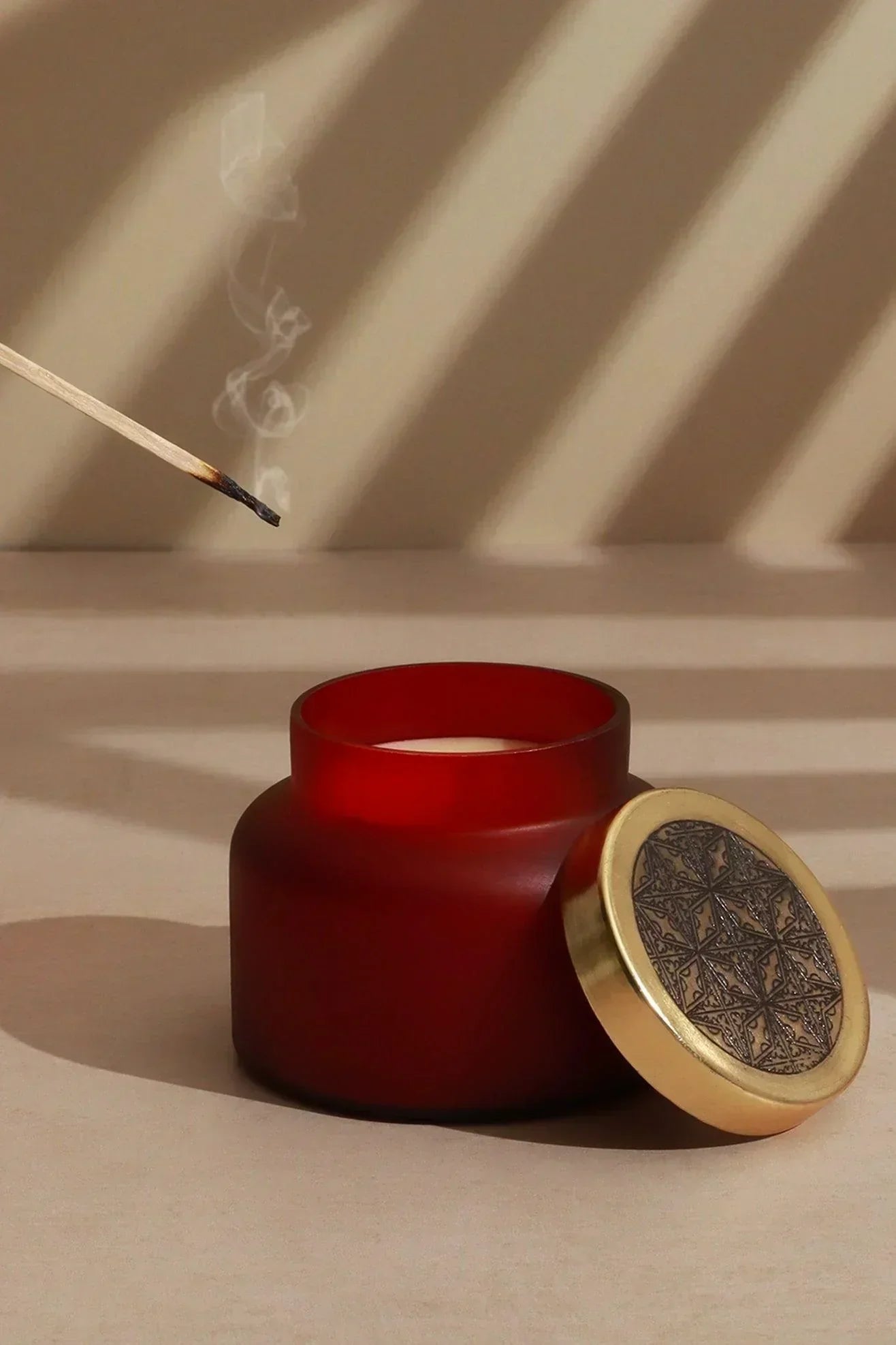 Rasa Ember Sandalwood Scented Candle in Frosted Red Glass - G Decor