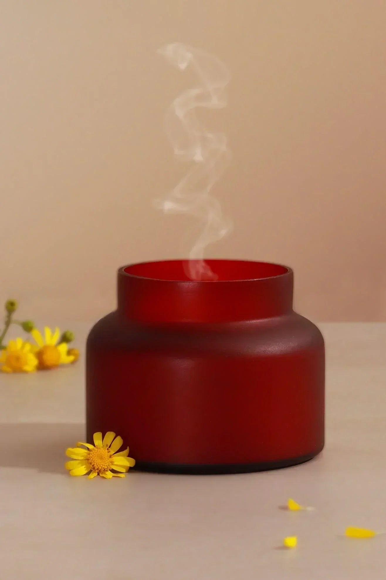 Rasa Ember Sandalwood Scented Candle in Frosted Red Glass - G Decor