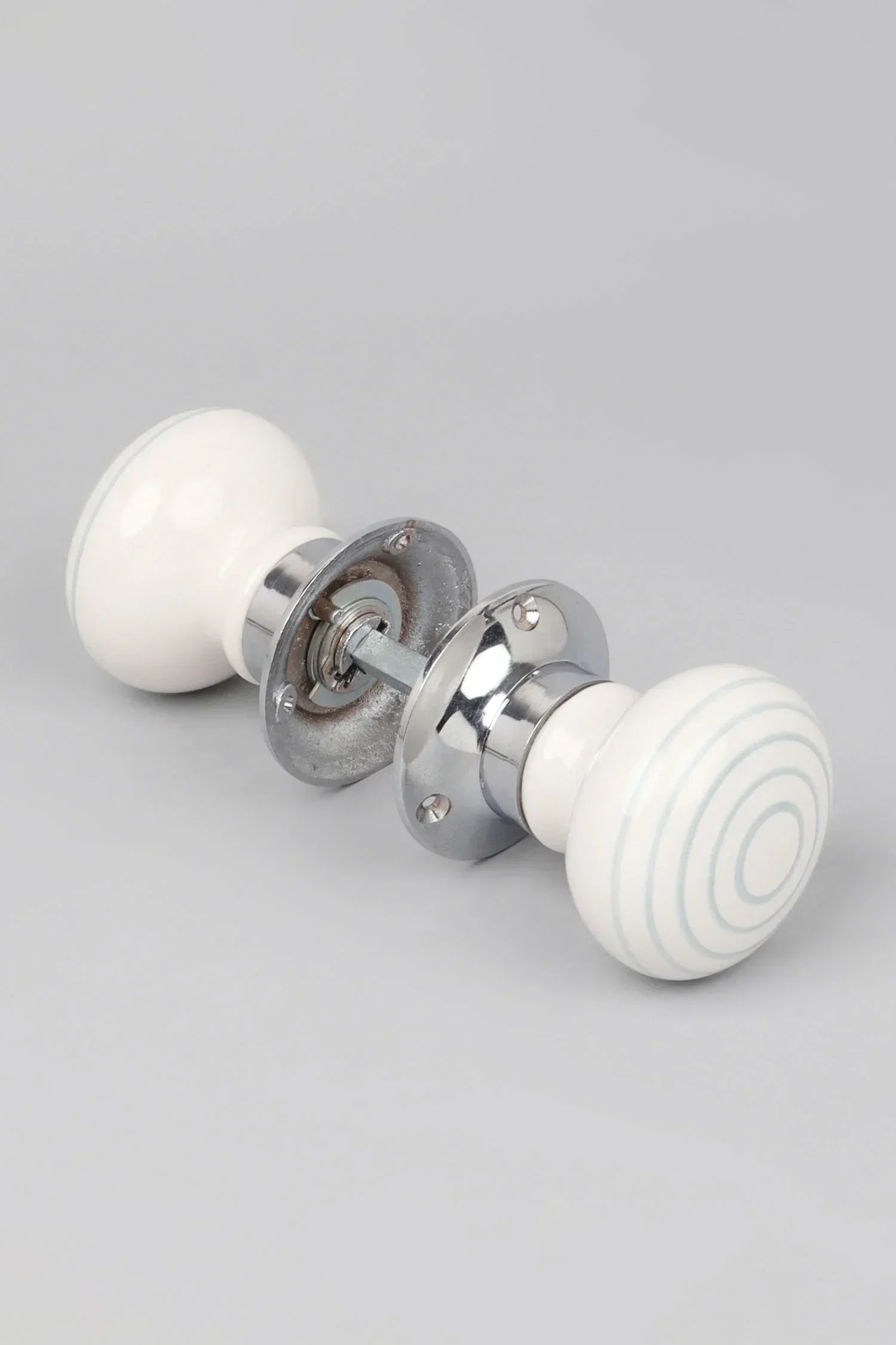 Ringbourne White Ceramic Mortice Door Knobs with Grey Stripe Rings — lifestyle view, G Decor