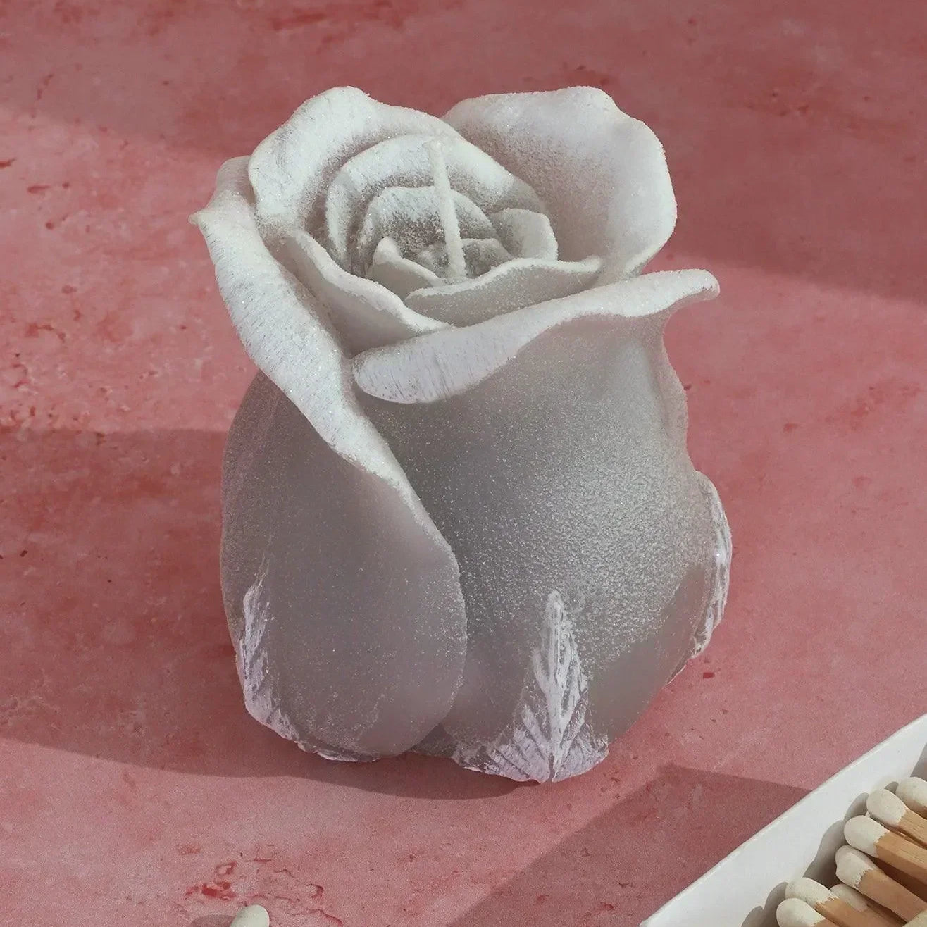 Rosabella Grey Mist Rose Hand-Finished Sculpted Rose Candle in Gentle Grey - G Decor