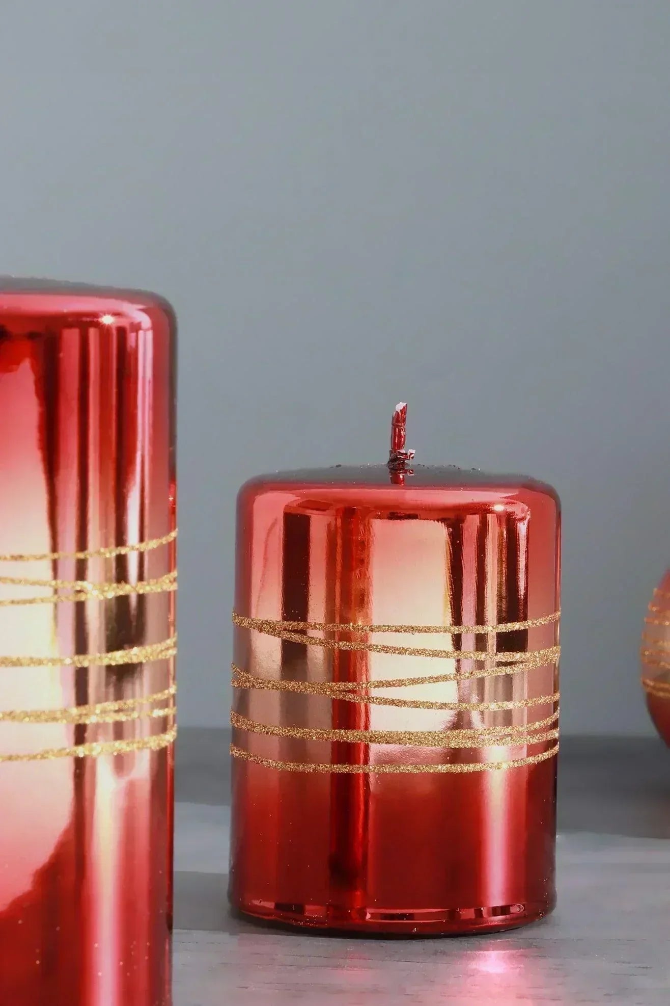 Roselane Mirror Glass Pillar Candle in Crimson Red with Gold Stripe — alternate view, G Decor