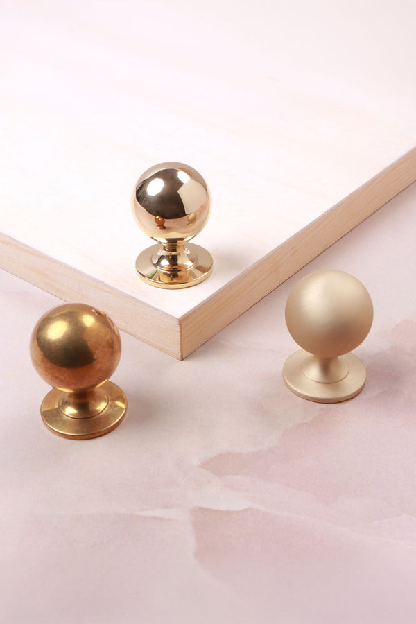 Round Brass Cabinet Knob, 32mm Solid Brass Cupboard Knob on a Round Base in Polished, Aged or Satin Brass, Kitchen Drawer Knob