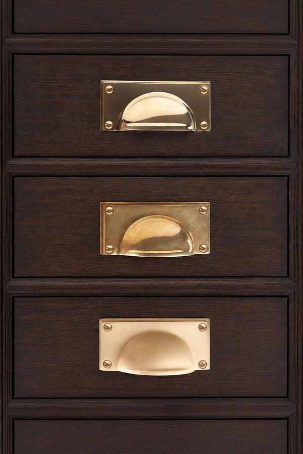 Brass Cup Pull with Rounded Backplate, 4 Inch Solid Brass Drawer Pull in Polished, Aged or Satin Brass, Kitchen Cupboard Cup Handle