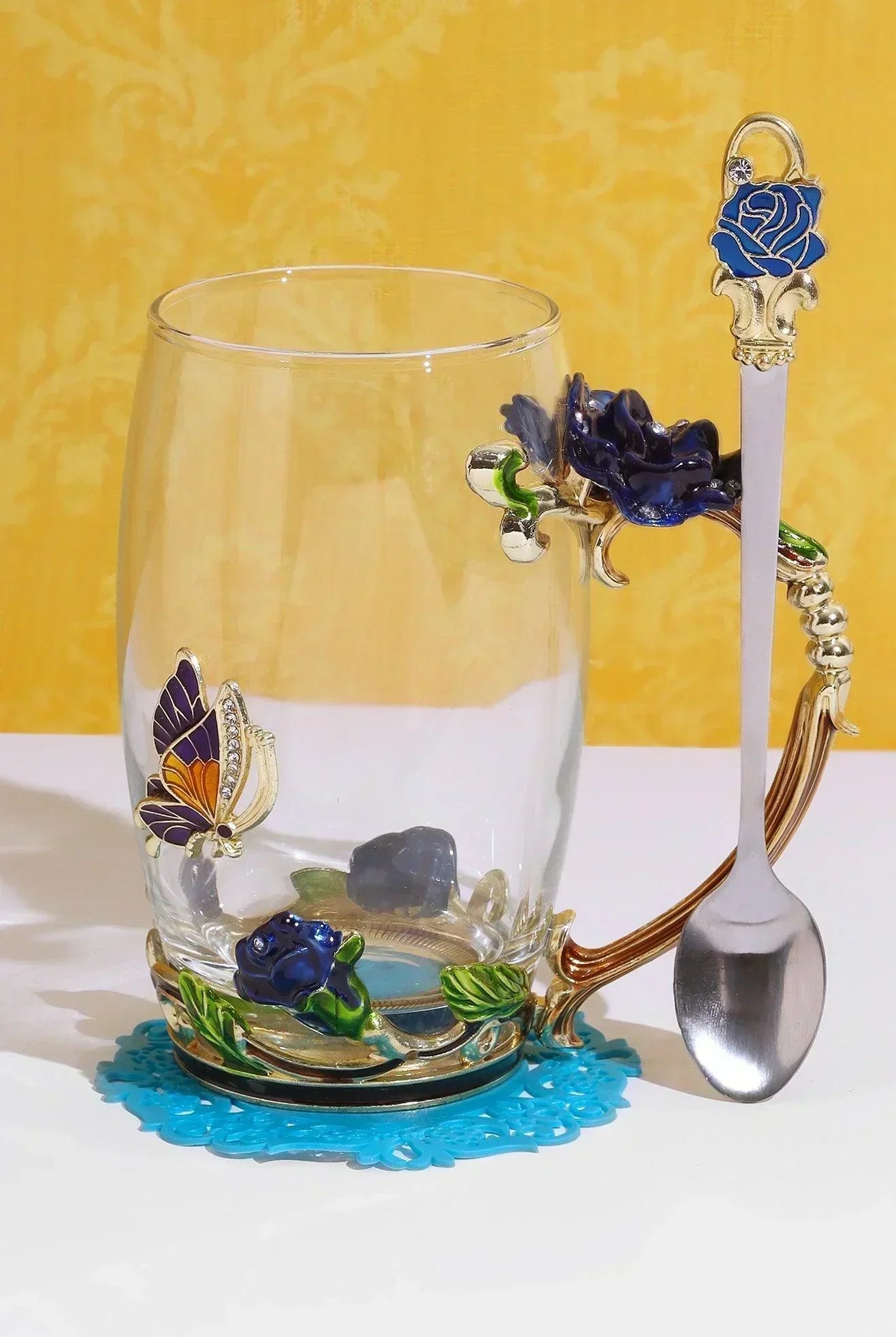 Royal Blue Handcrafted Rose Gift Set Glass Mug with Spoon & Coaster in Elegant Gift Box - G Decor