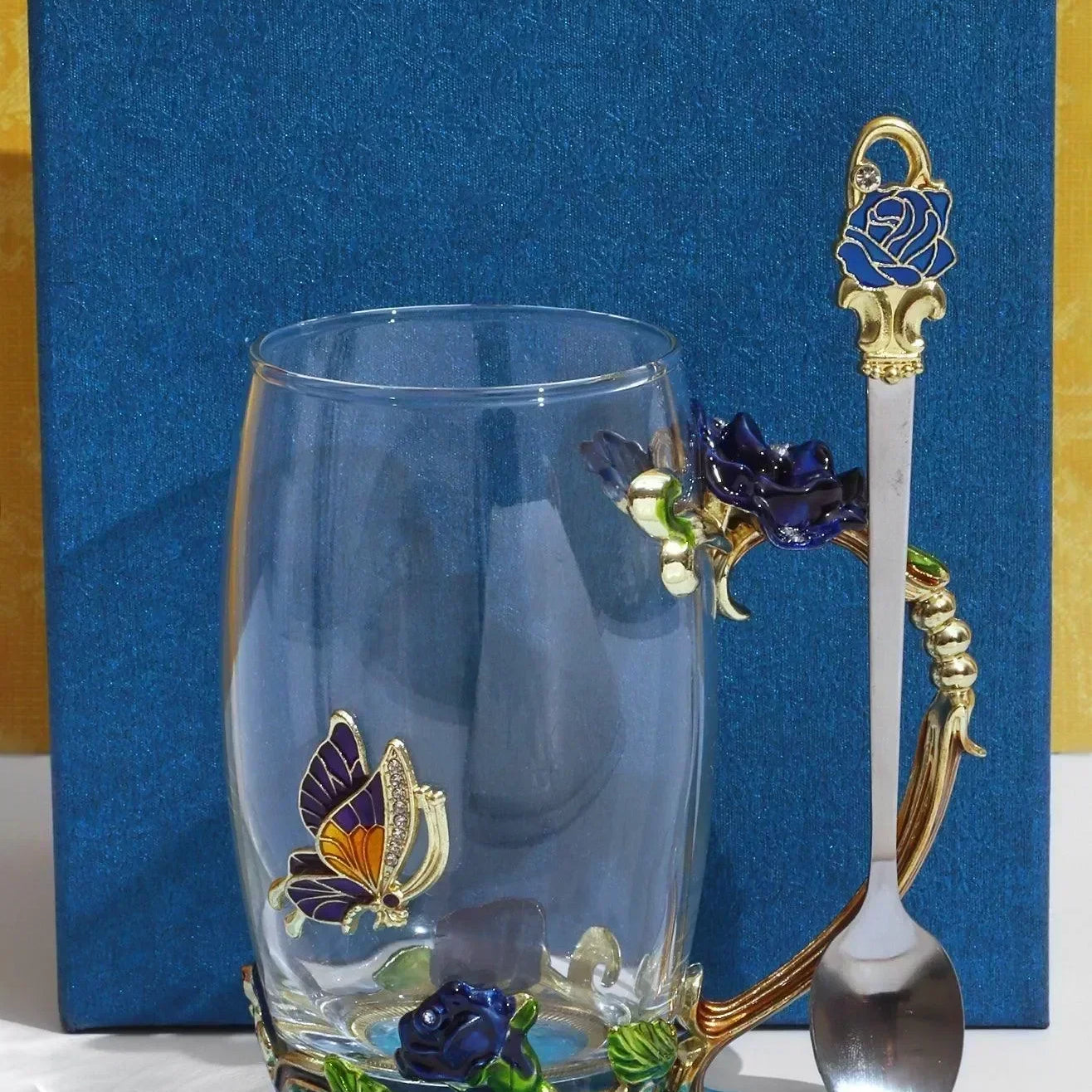 Royal Blue Handcrafted Rose Gift Set Glass Mug with Spoon & Coaster in Elegant Gift Box - G Decor
