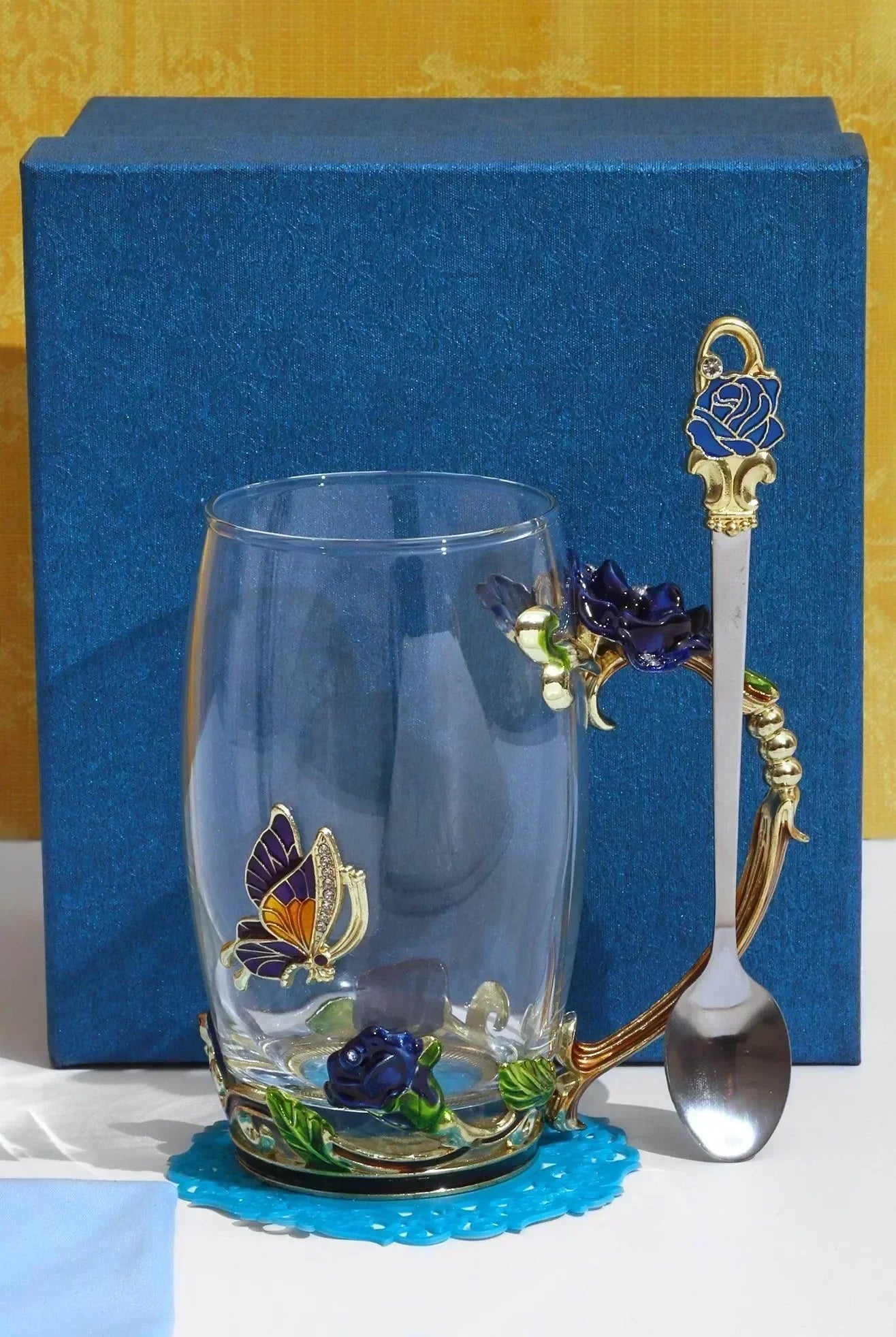 Royal Blue Handcrafted Rose Gift Set Glass Mug with Spoon & Coaster in Elegant Gift Box - G Decor
