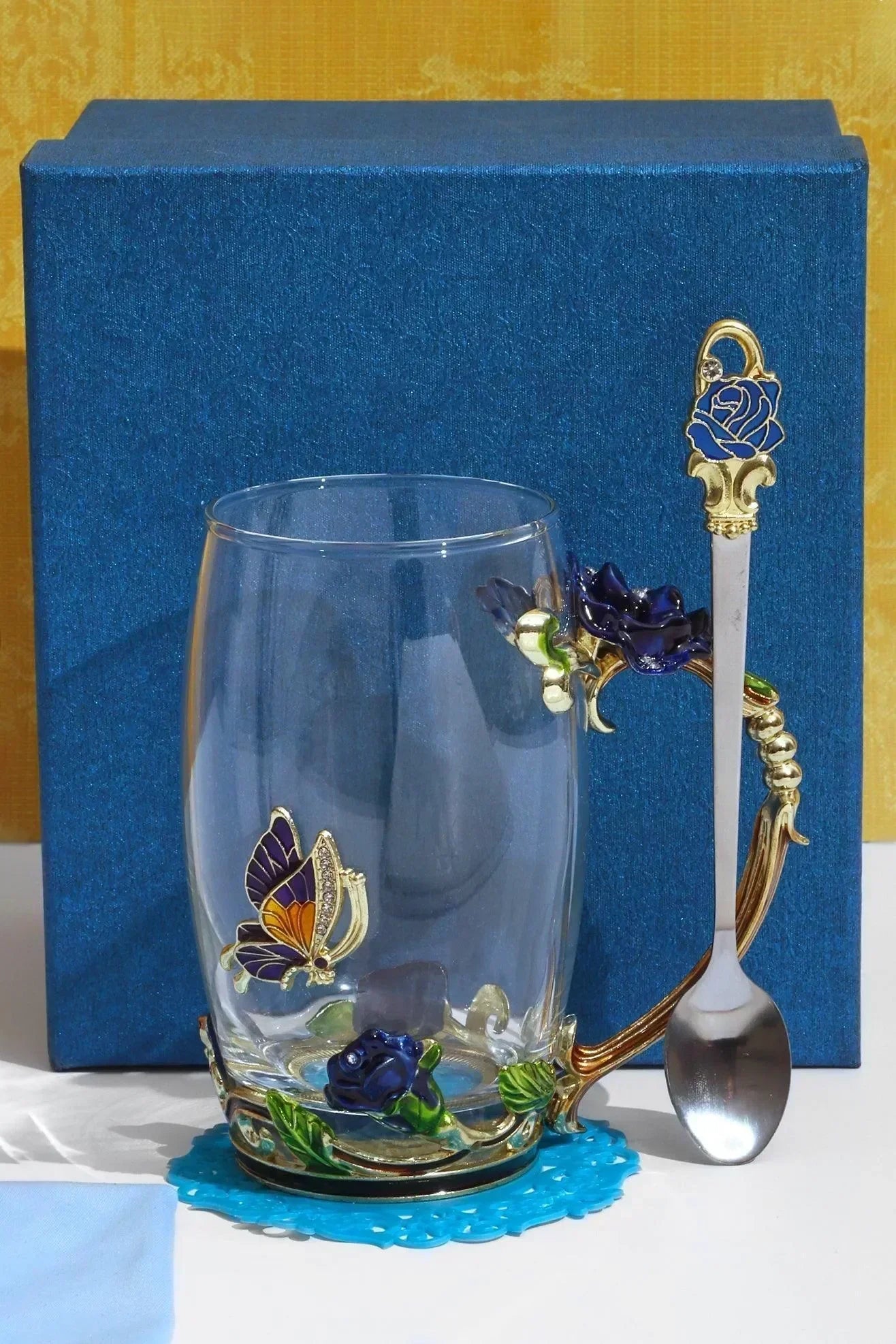 Royal Blue Handcrafted Rose Gift Set Glass Mug with Spoon & Coaster in Elegant Gift Box - G Decor