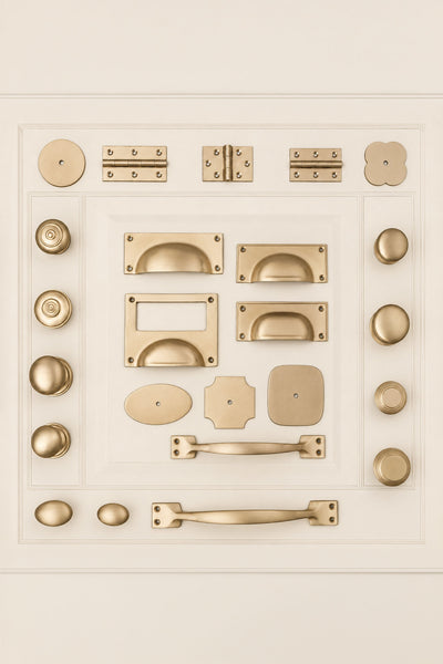 Satin Brass Cabinet Hardware Set, Solid Brass Knobs, Cup Pulls, Pull Handles, Hinges and Rosettes (Build Your Own)