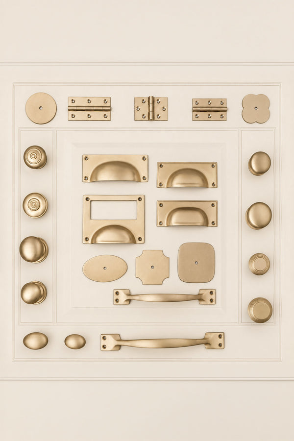 Satin Brass Cabinet Hardware Set, Solid Brass Knobs, Cup Pulls, Pull Handles, Hinges and Rosettes (Build Your Own)