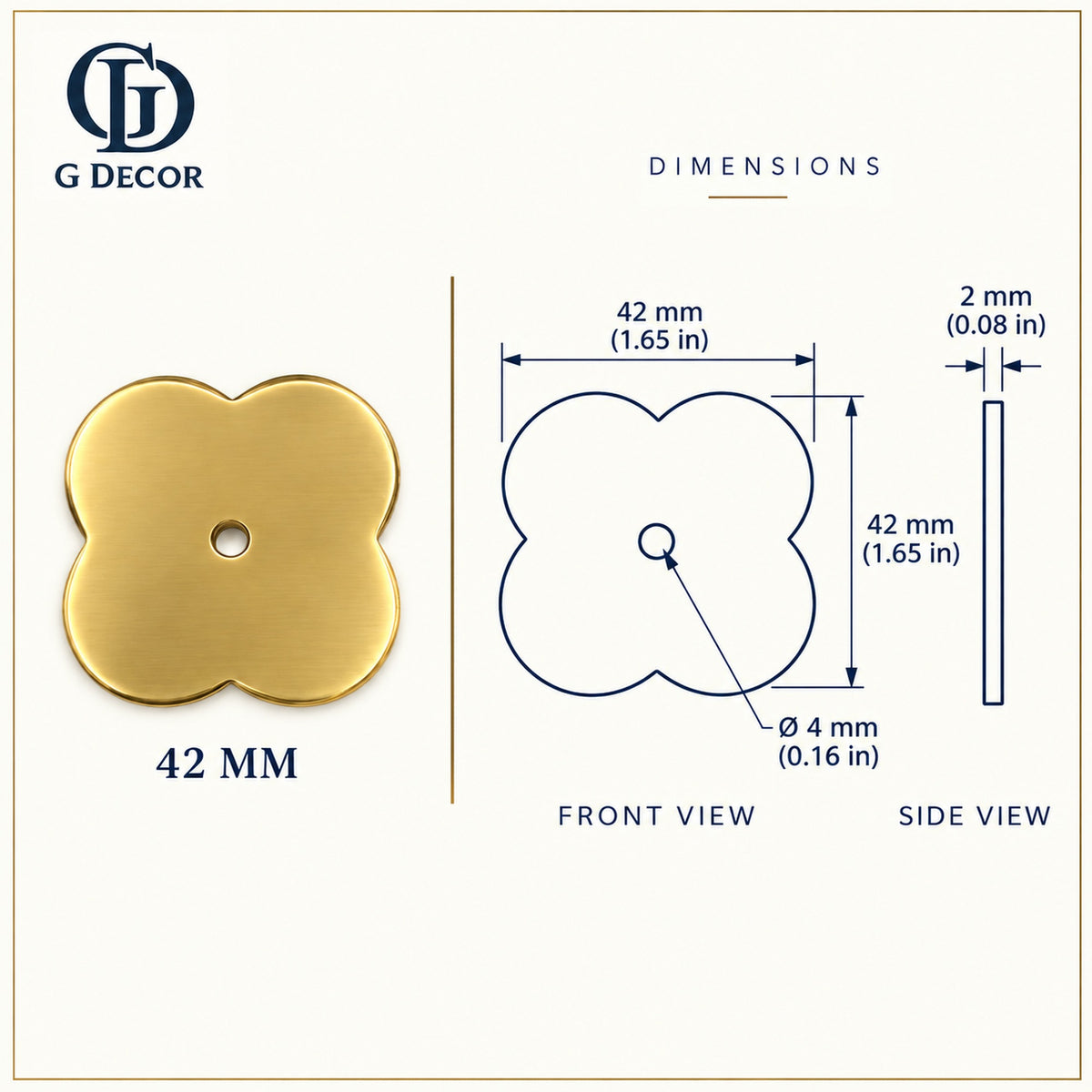 Size drawing: quatrefoil backplate 42mm in satin brass