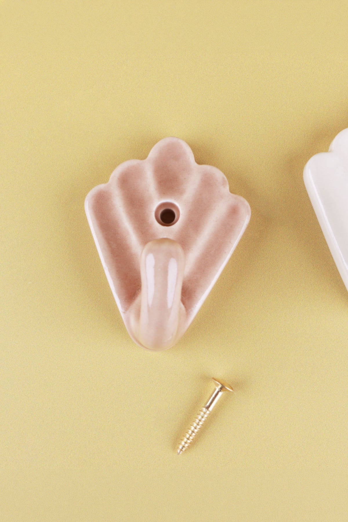 Brown scallop shell ceramic wall hook, a warm light brown glaze with a fine crackle, with its brass screw