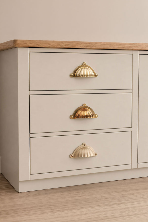 Scalloped Shell Brass Cup Pull, 4 Inch Solid Brass Drawer Pull in Polished, Aged or Satin Brass, Kitchen Cupboard Cup Handle