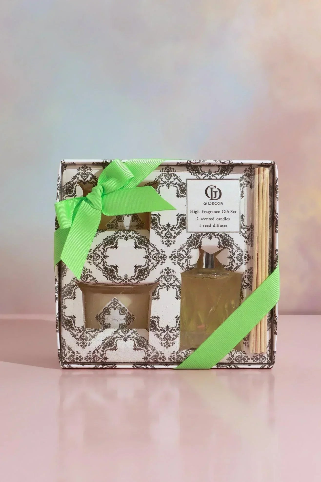 Scented Botanique Lemongrass Hand-Poured Soy Wax Gift Set Candles & Reed Diffuser in Glass Jars - G Decor