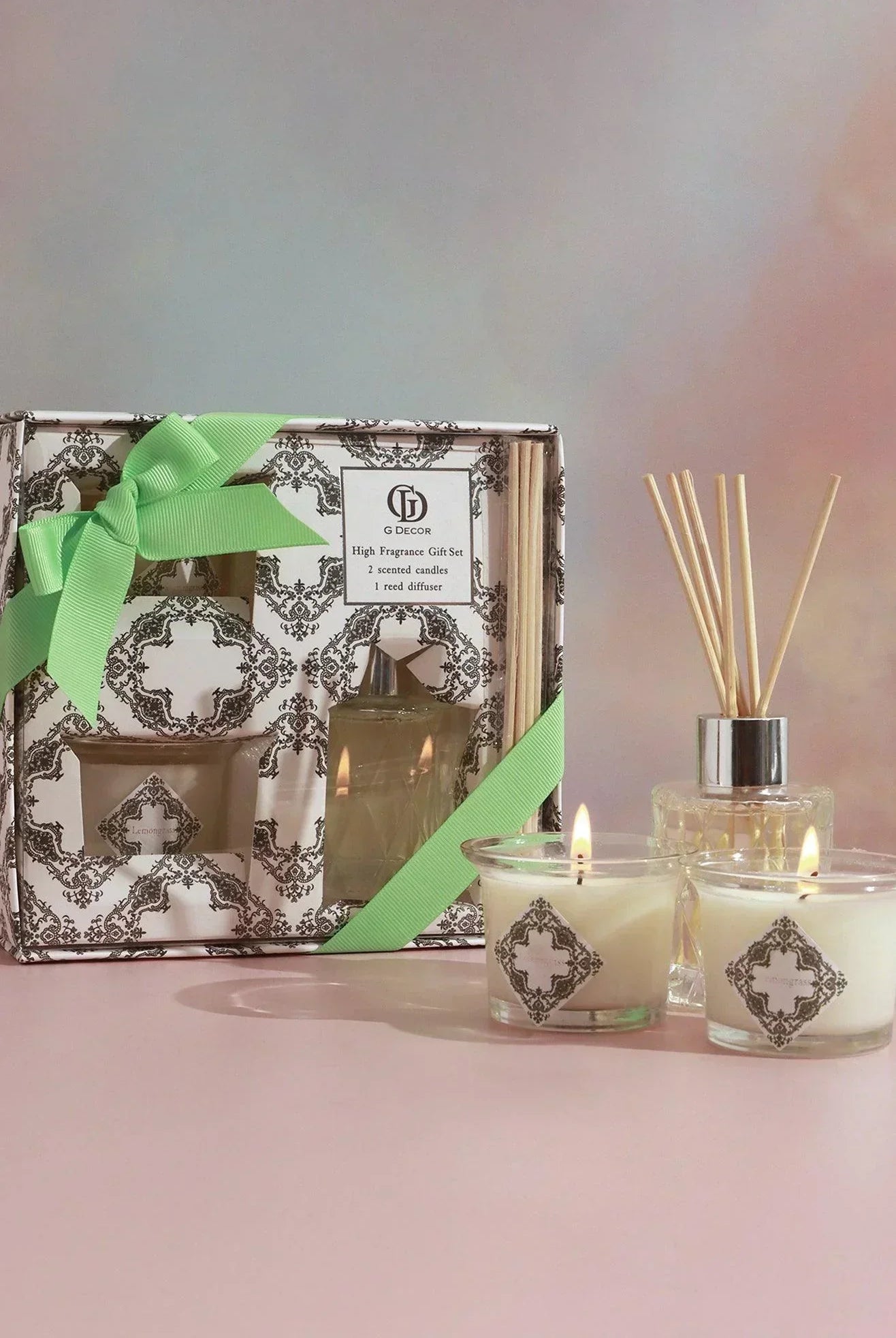 Scented Botanique Lemongrass Hand-Poured Soy Wax Gift Set Candles & Reed Diffuser in Glass Jars - G Decor