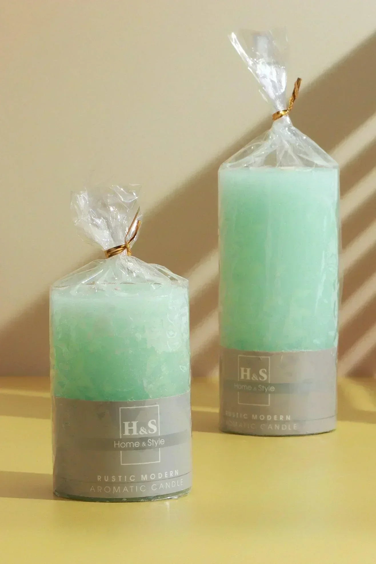 Scented Breeze Marbled Pillar Candle in Green with Garden Retreat — lifestyle view, G Decor