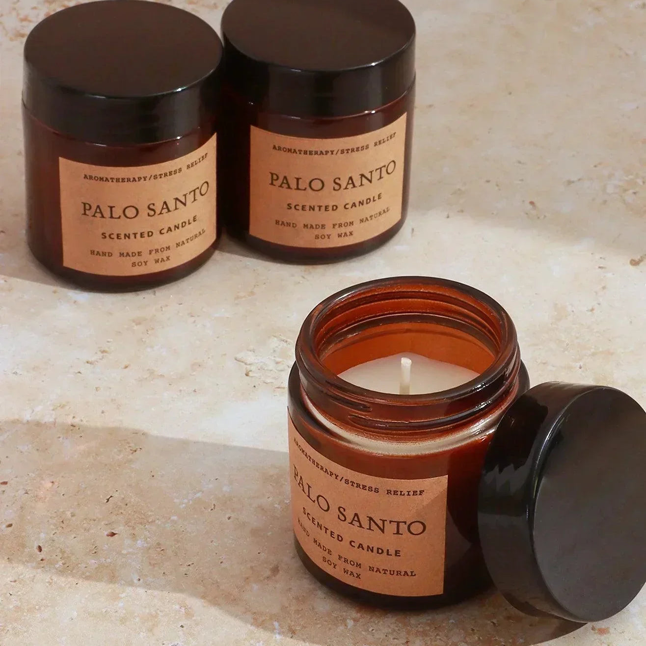 Serene Rituals Handmade Set of 3 Palo Santo Scented Candles Gift Set with Essential Oils in Amber Glass Jars - G Decor