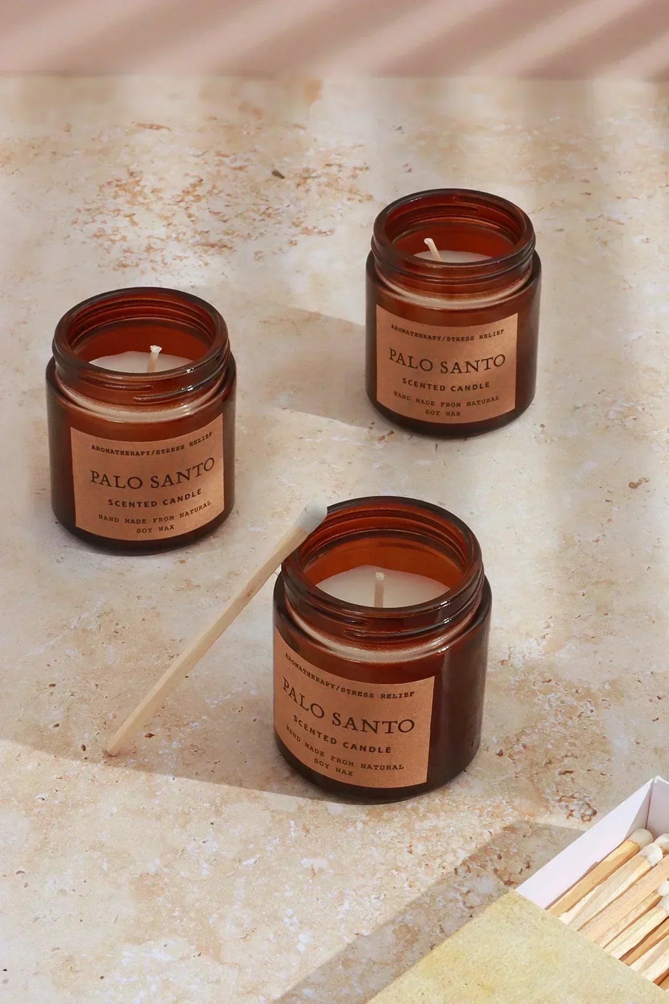 serene-rituals-handmade-set-of-3-palo-santo-scented-candles-gift-set-with-essential-oils-in-amber-glass-jars-g-decor-90513 - G Decor