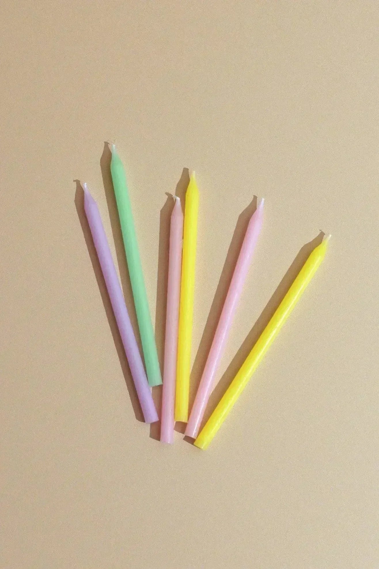 Rainbow Pastel Skinny Birthday Cake Candles Set of 12 — close-up view, G Decor